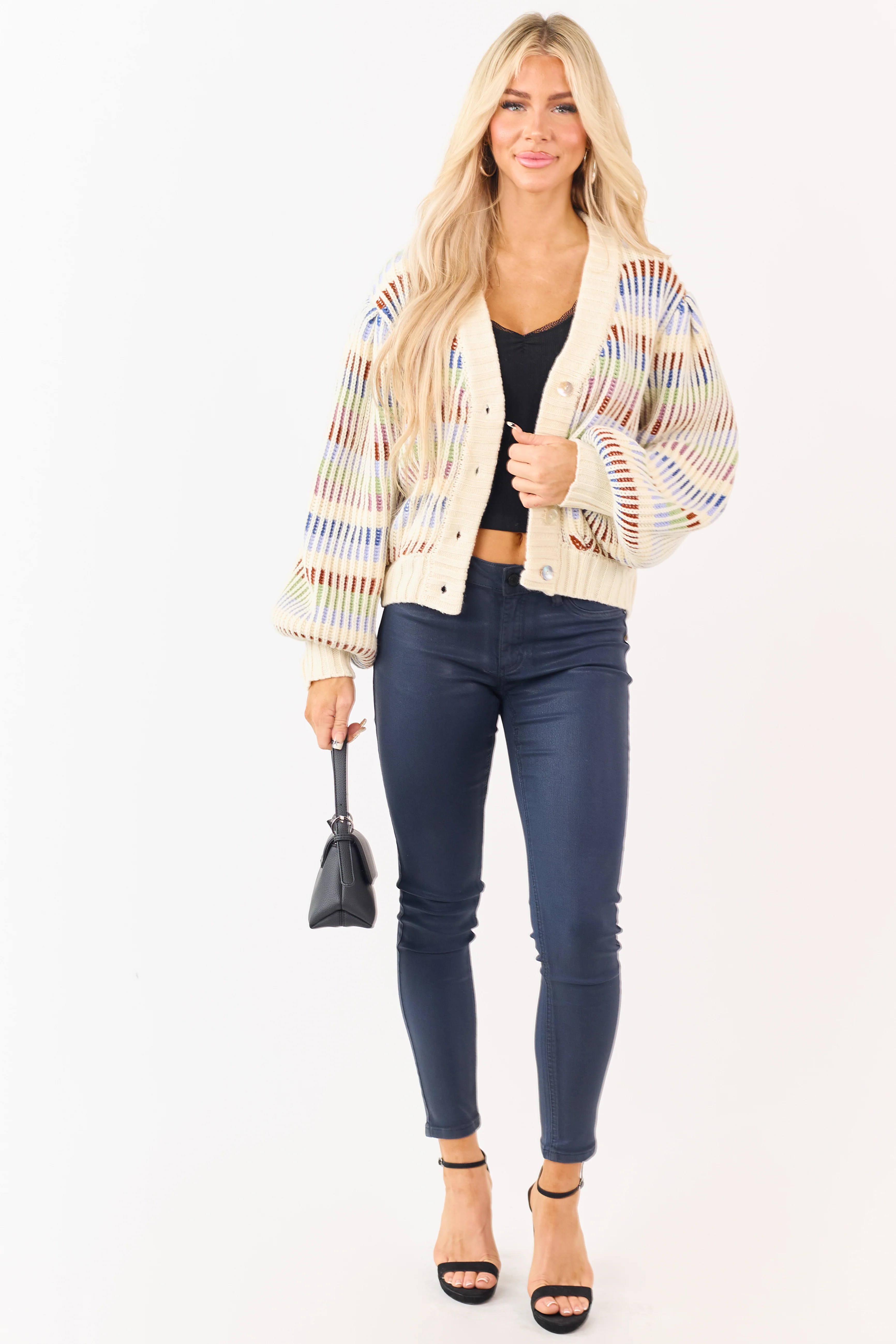 Multicolored Striped Chunky Ribbed Sweater Cardigan - Image 4