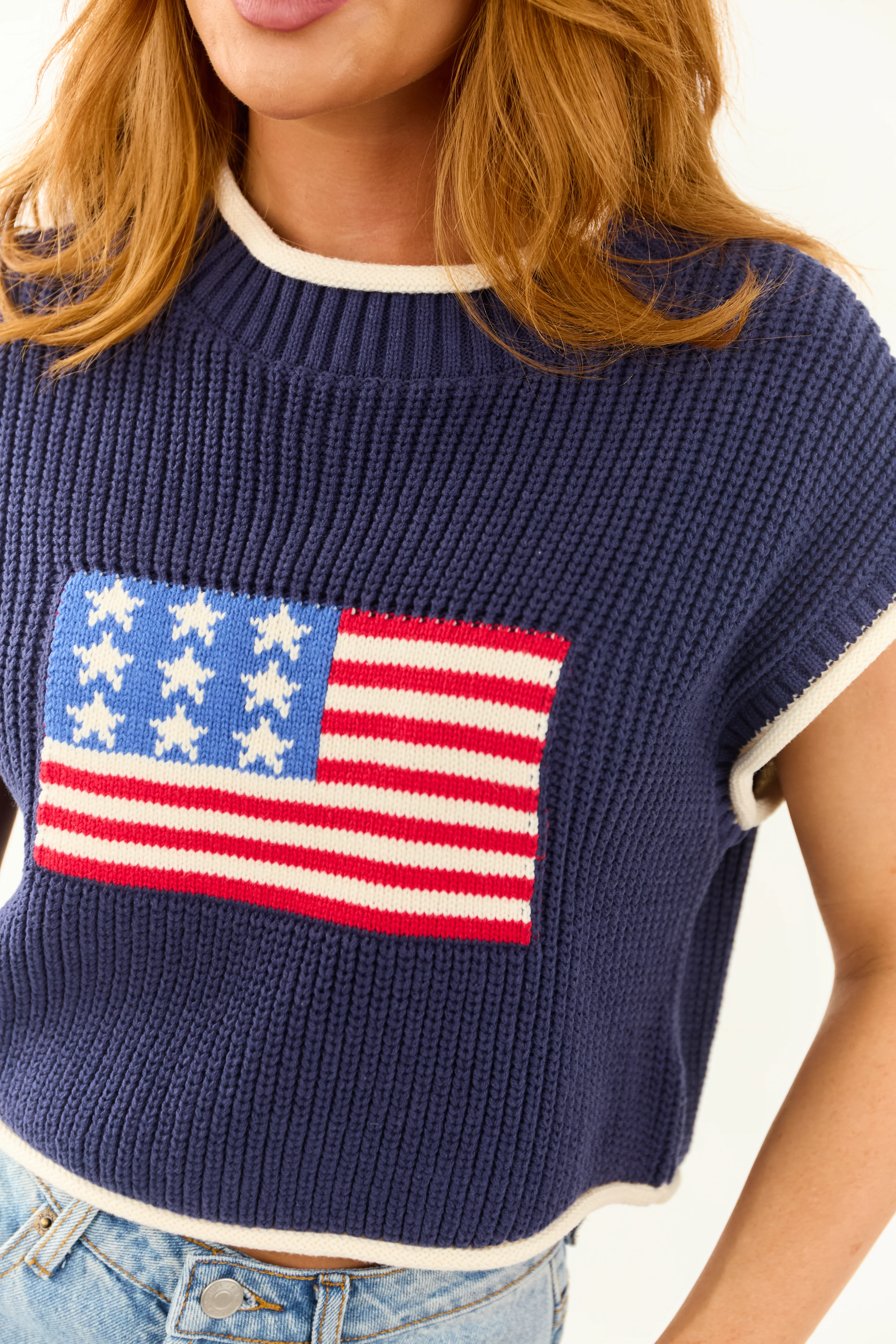Navy American Flag Graphic Boxy Sweater Top - Image 7