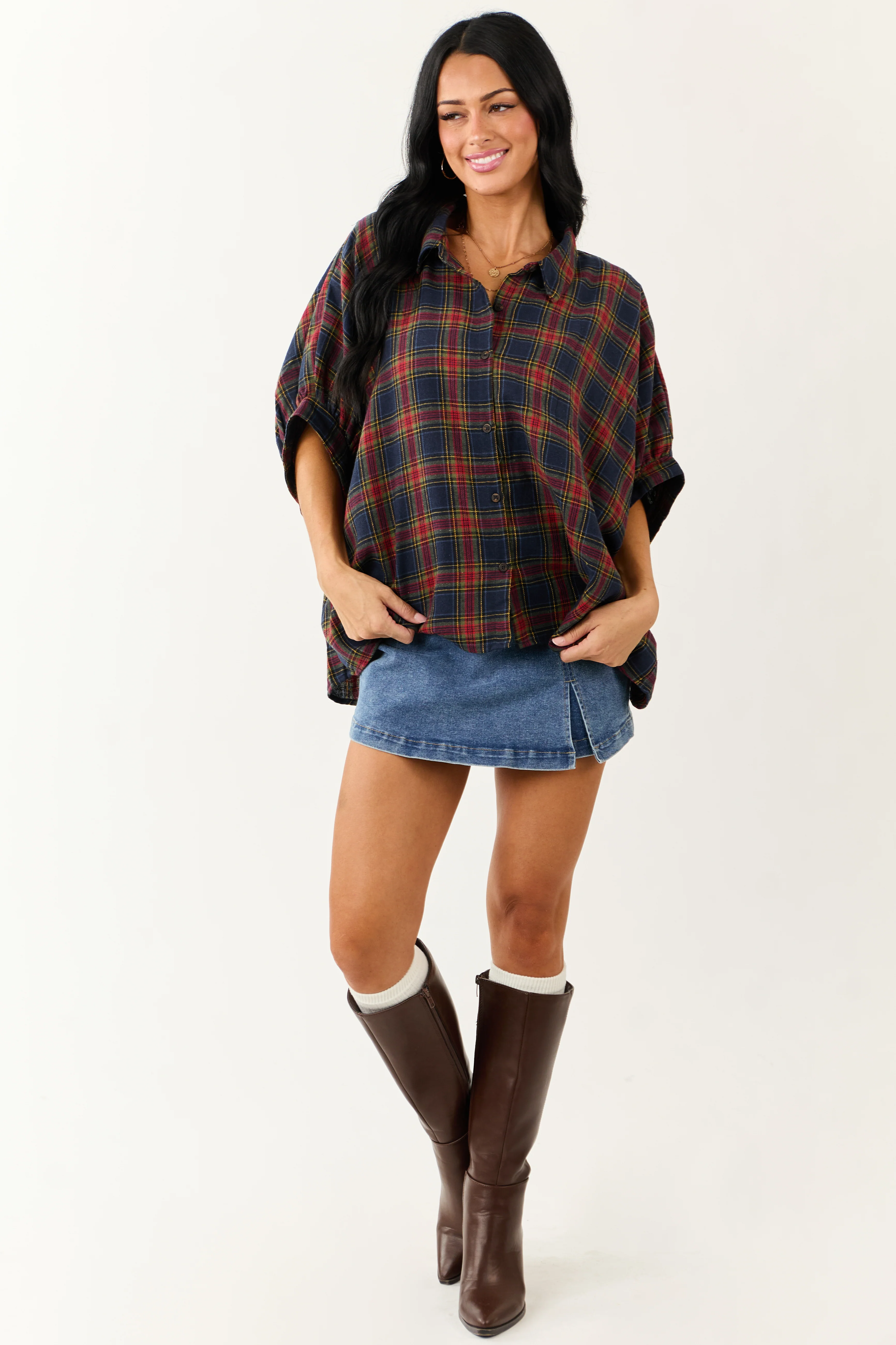 Navy Blue Plaid Button Up Dolman Sleeve Top - Image 2
