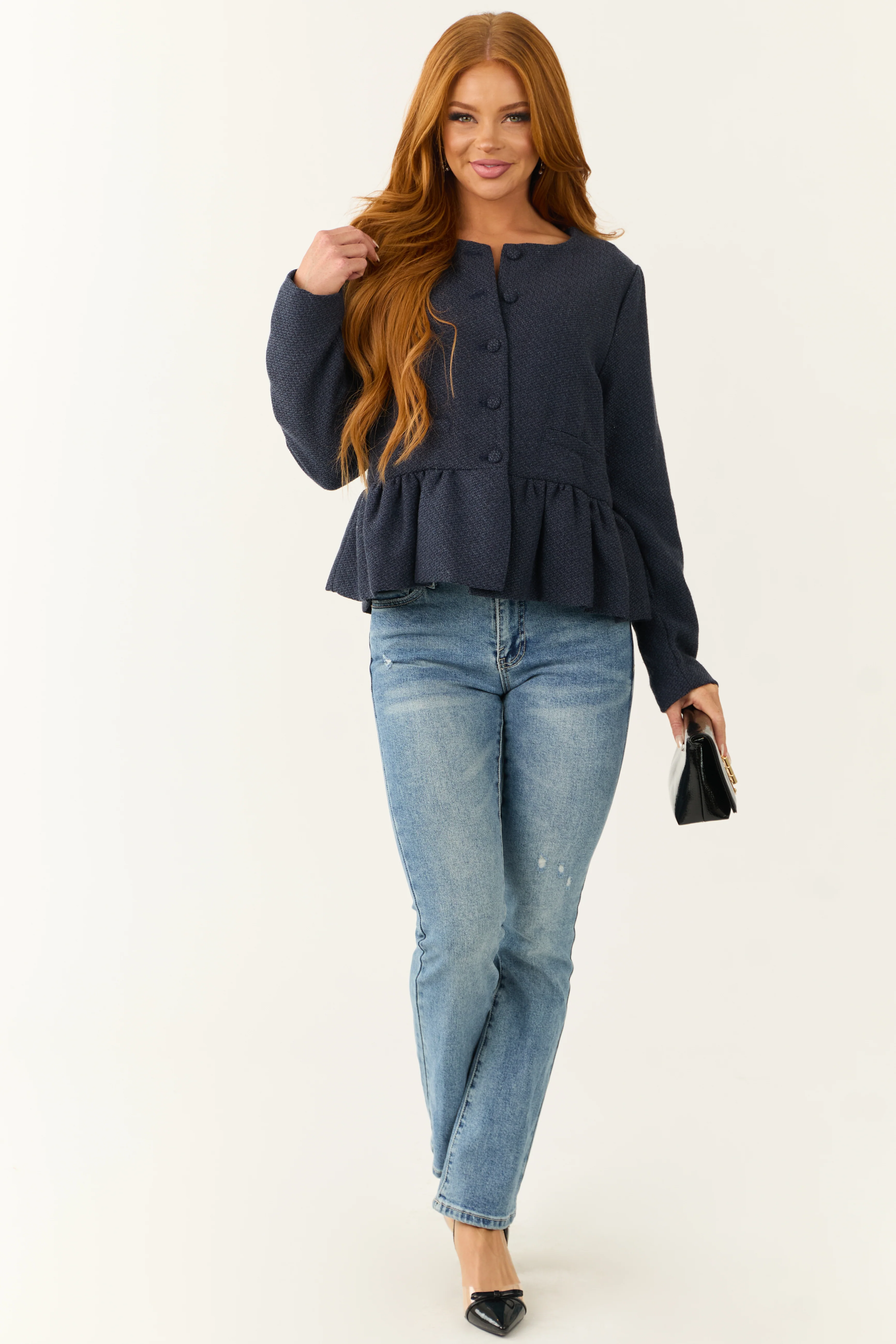 Navy Button Down Ruffle Hem Long Sleeve Cardigan - Image 4