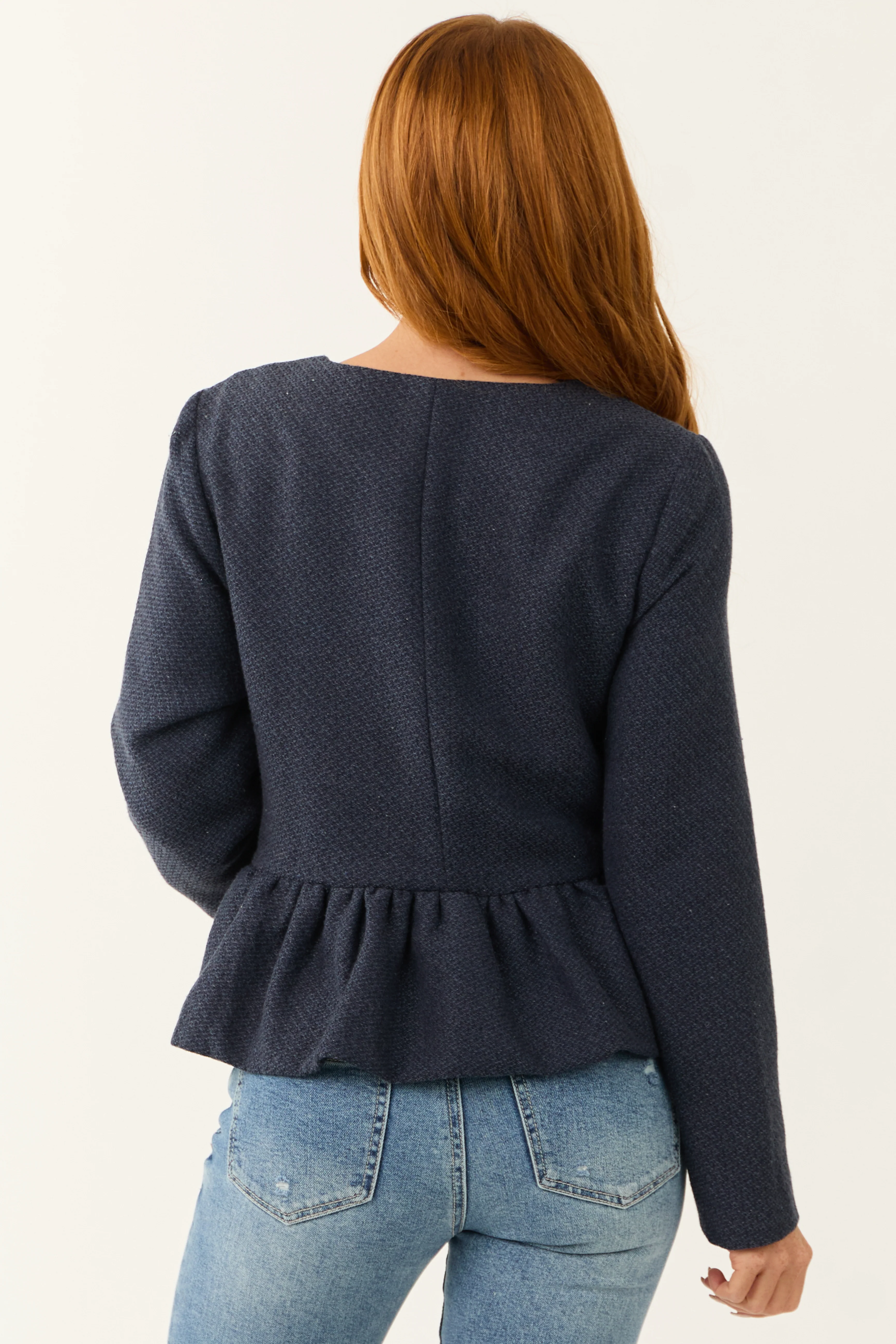 Navy Button Down Ruffle Hem Long Sleeve Cardigan - Image 6