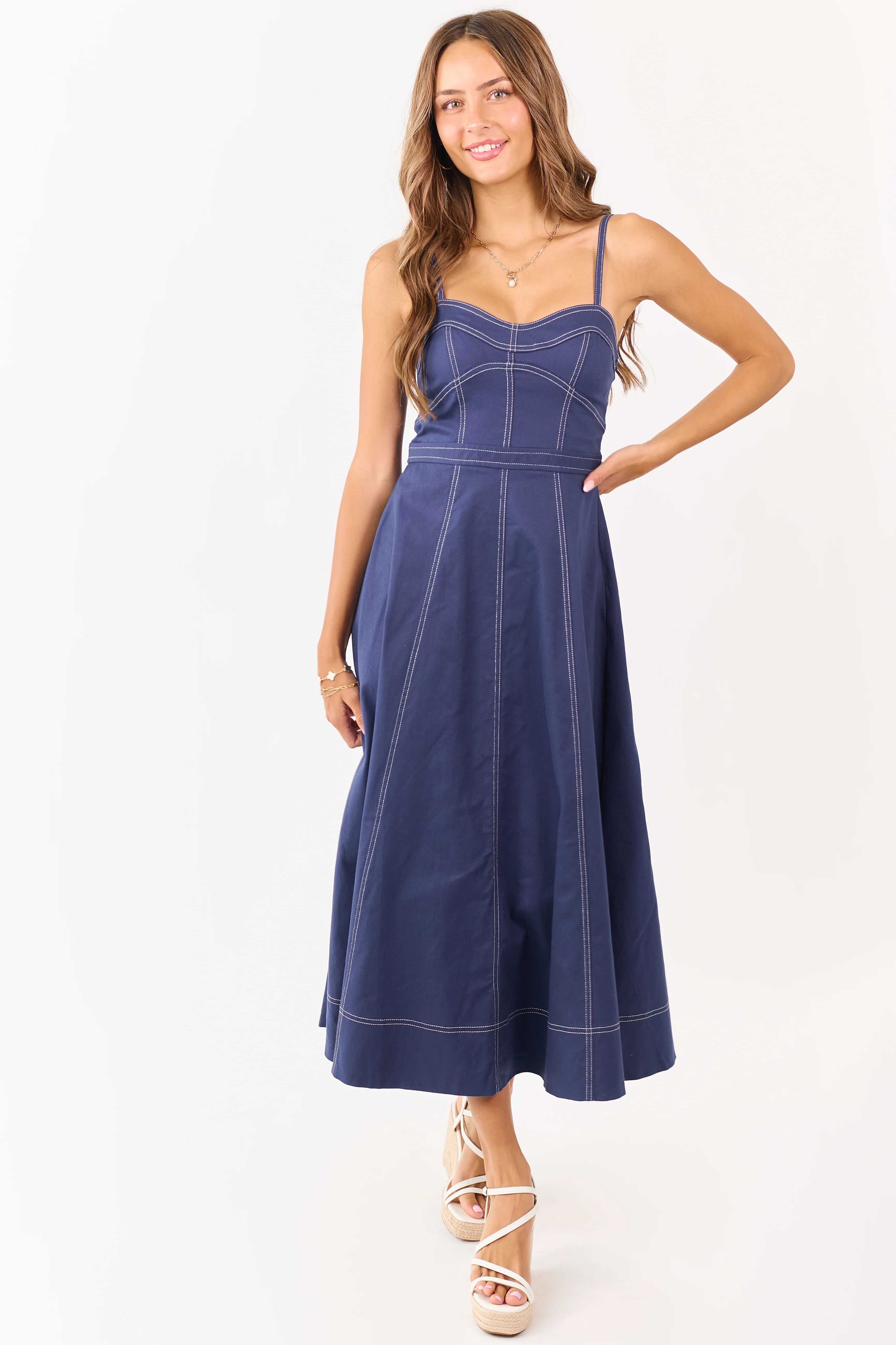 Navy Contrast Stitch Denim A-Line Midi Dress - Image 3