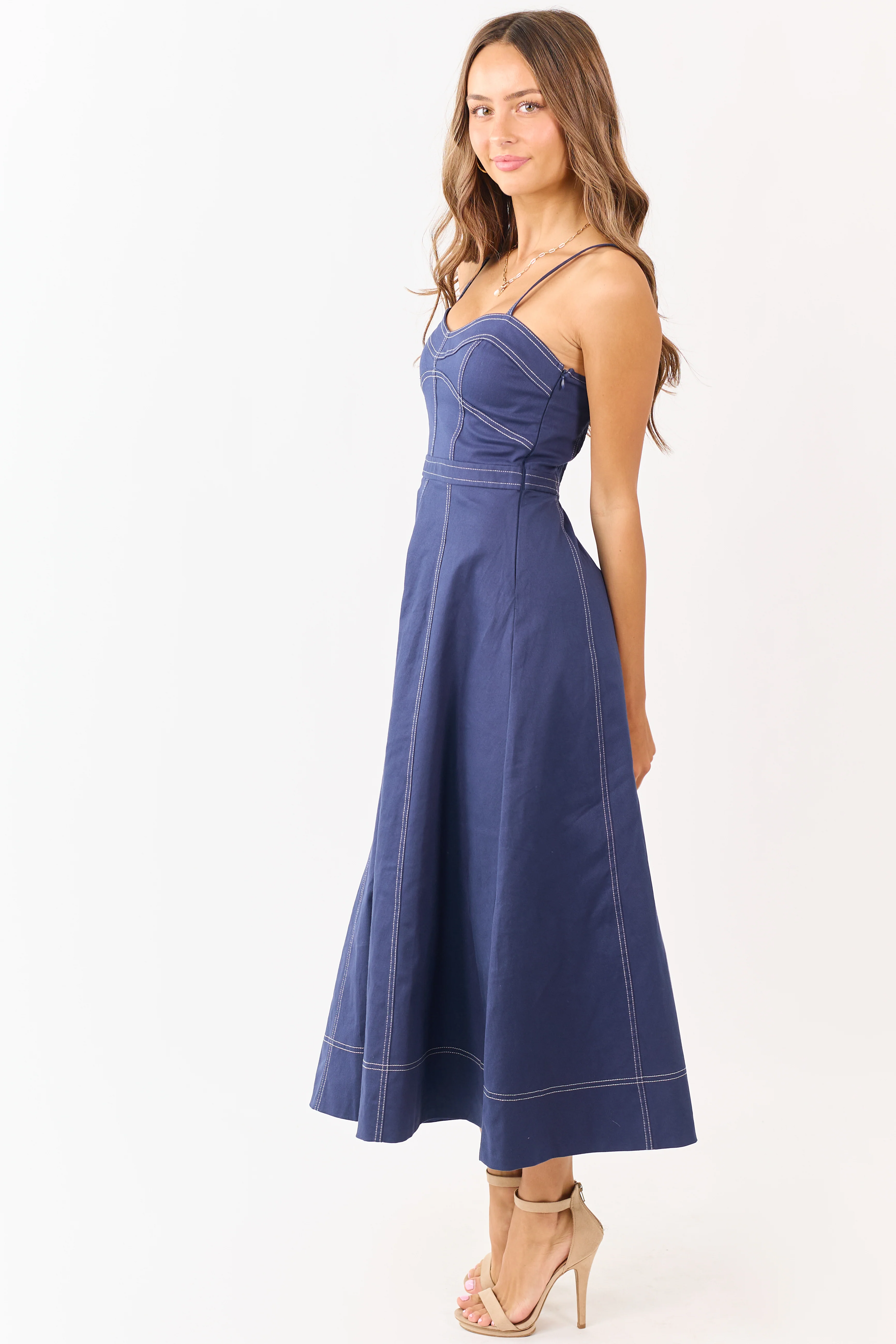 Navy Contrast Stitch Denim A-Line Midi Dress - Image 4