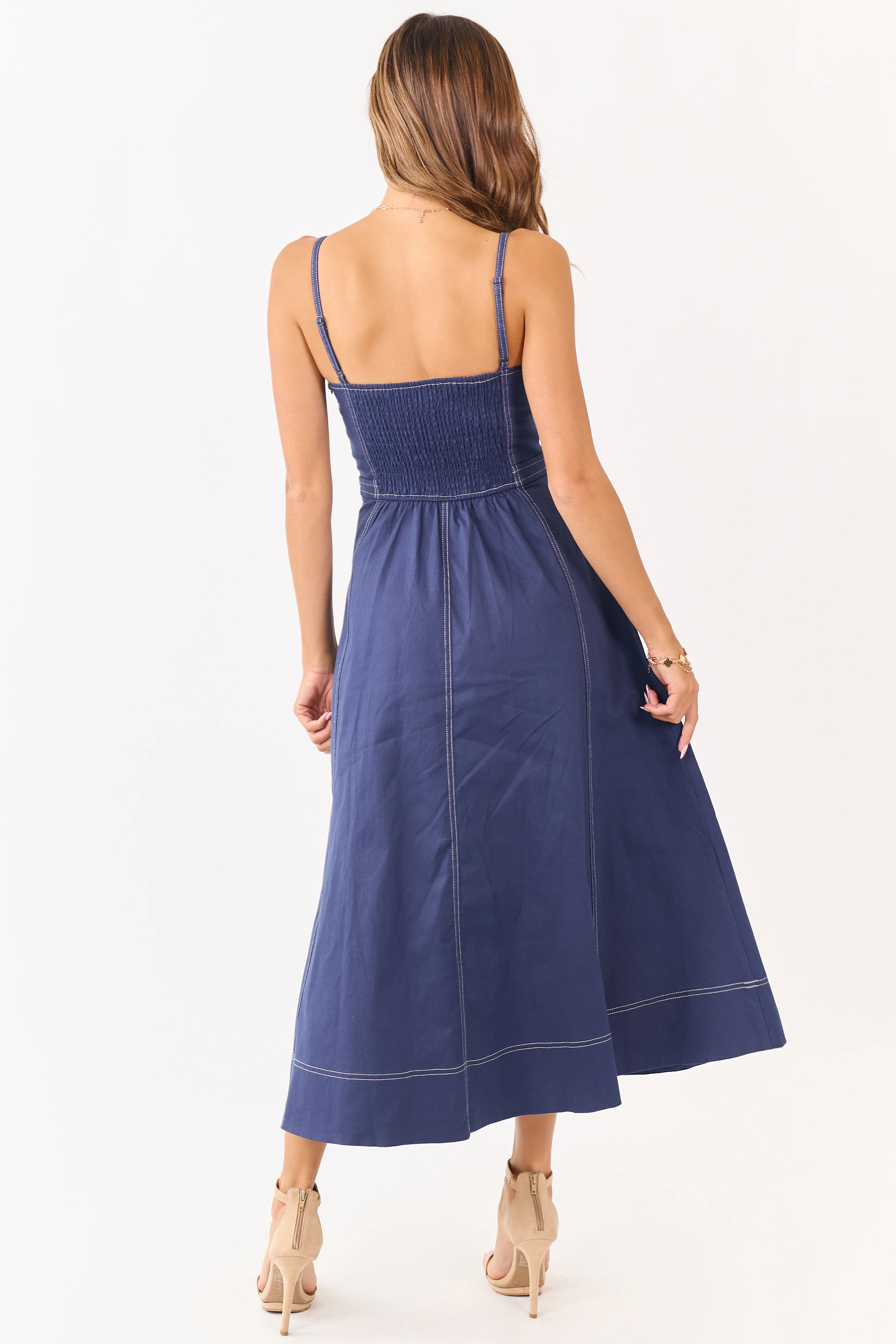 Navy Contrast Stitch Denim A-Line Midi Dress - Image 5