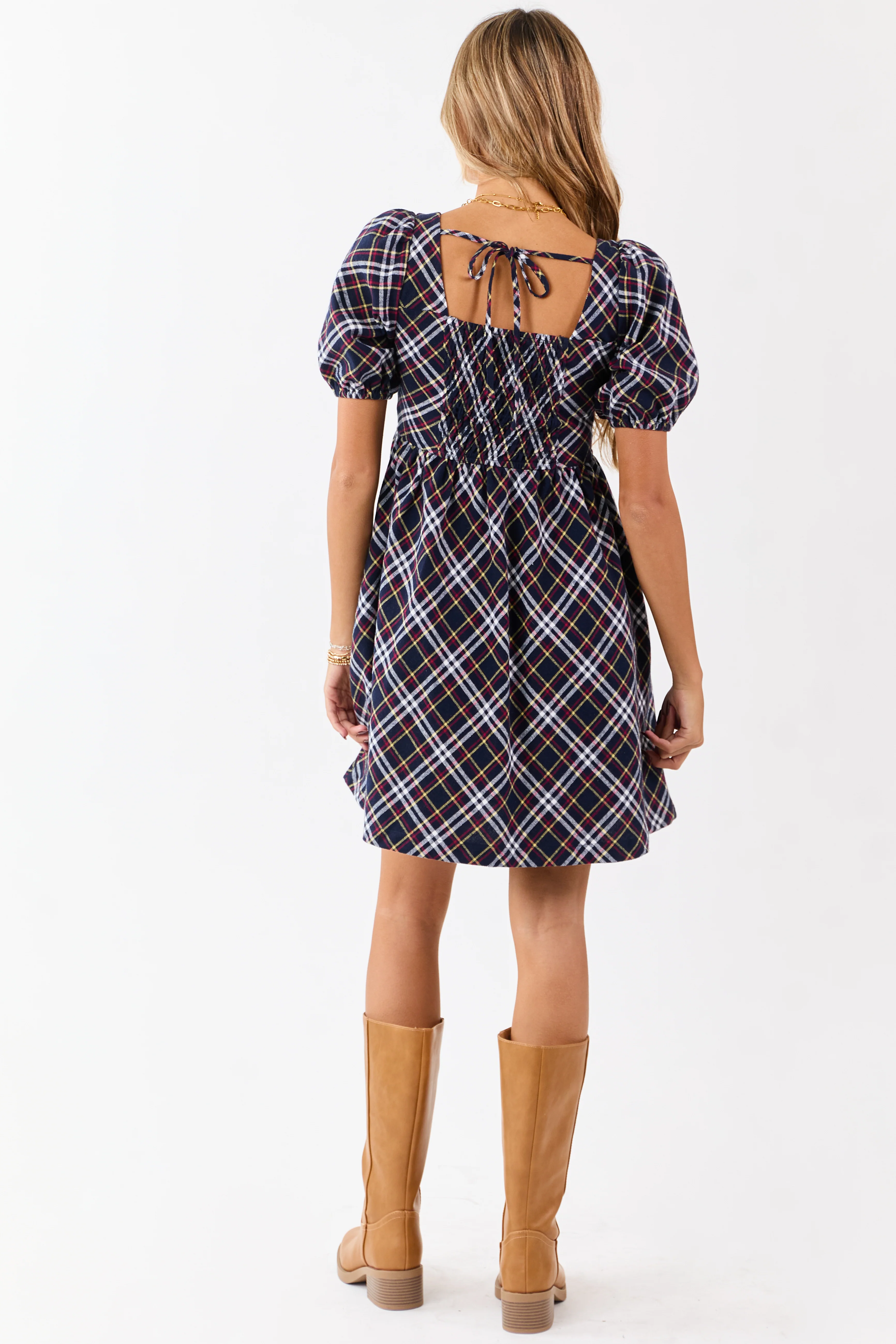 Navy Cotton Plaid Puff Sleeve Square Neck Mini Dress - Image 5