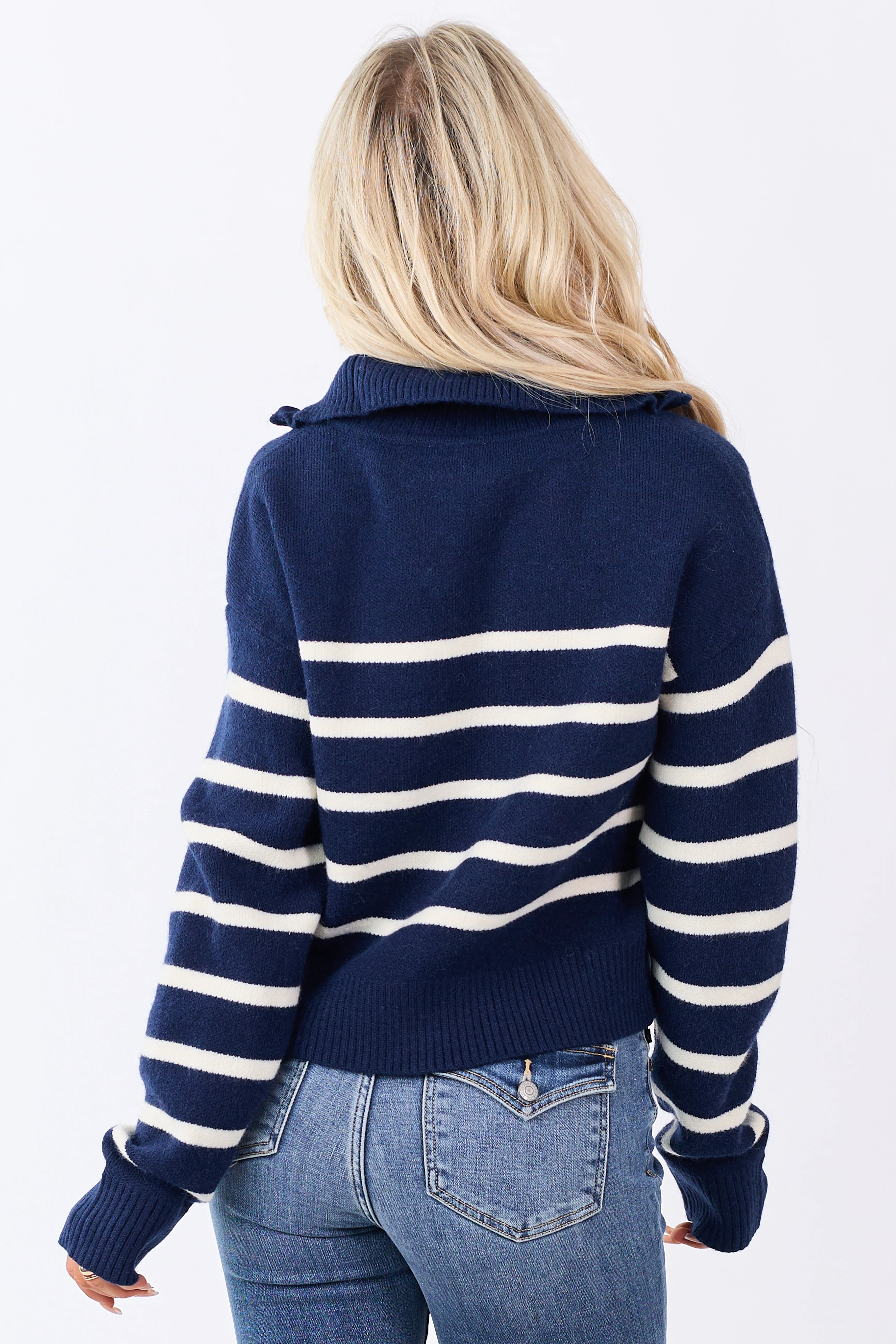 Navy and Cream Striped Half Zip Up Knit Sweater - Image 5