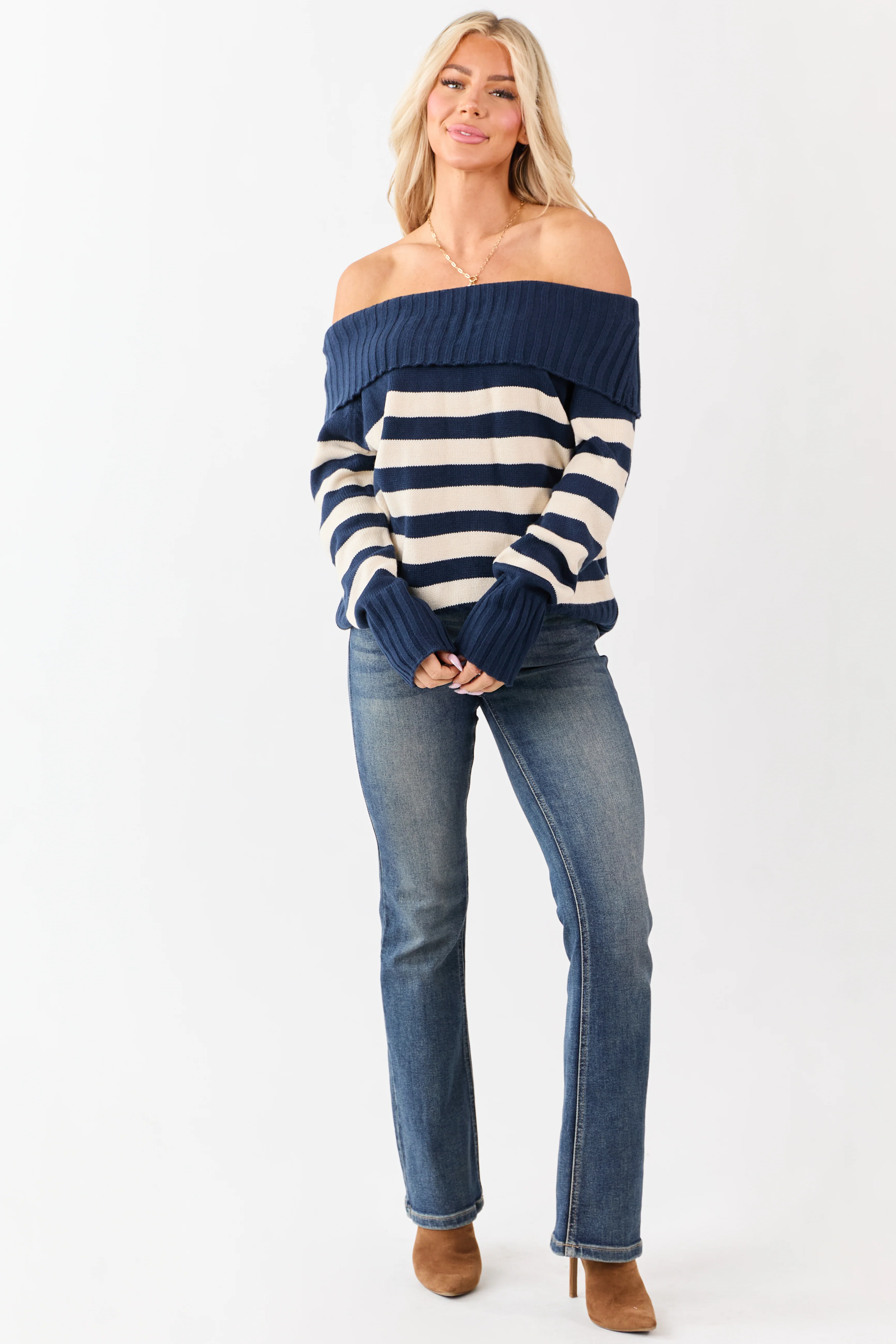 Navy and Cream Striped Off Shoulder Sweater - Image 2
