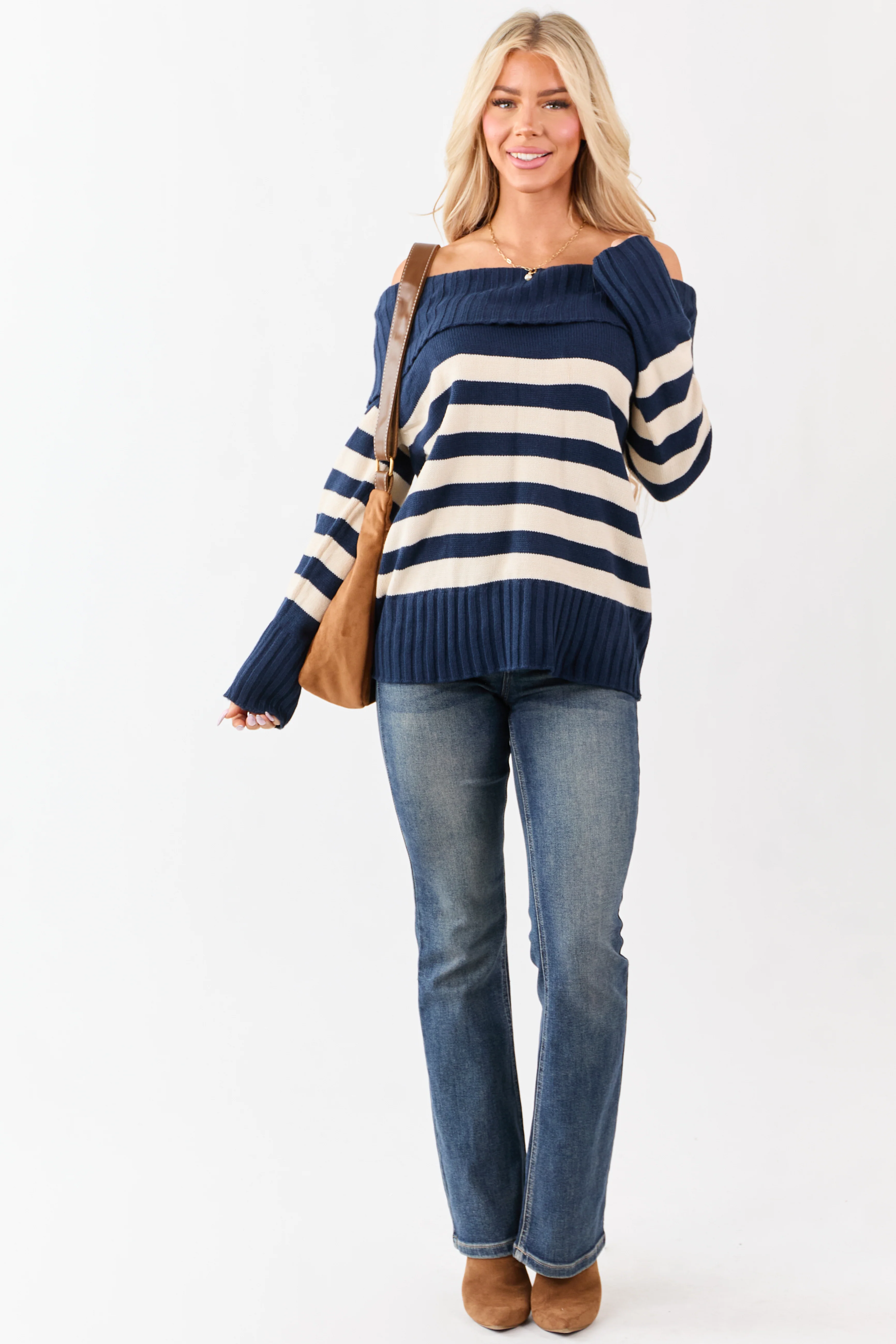 Navy and Cream Striped Off Shoulder Sweater - Image 3