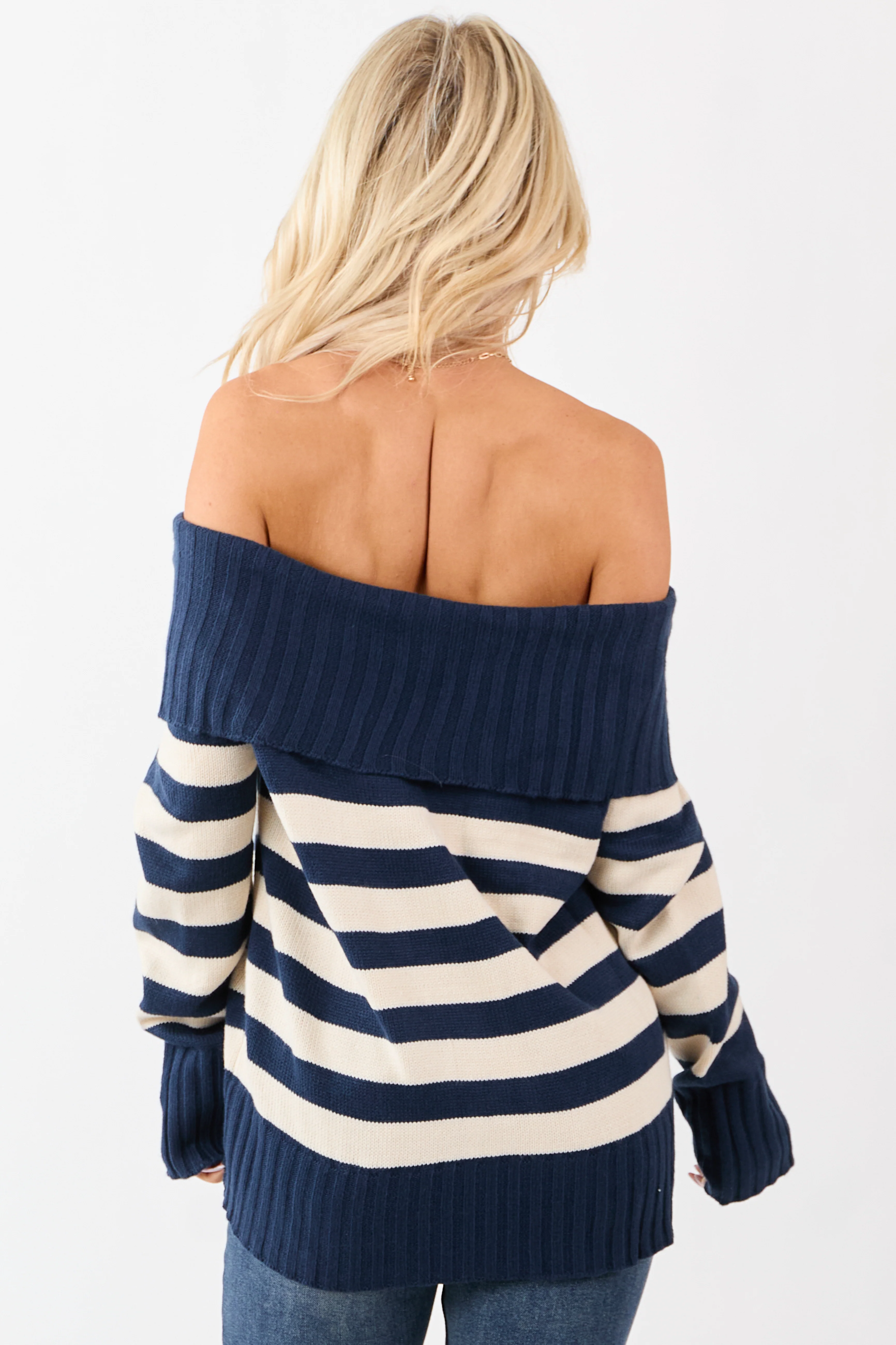 Navy and Cream Striped Off Shoulder Sweater - Image 5