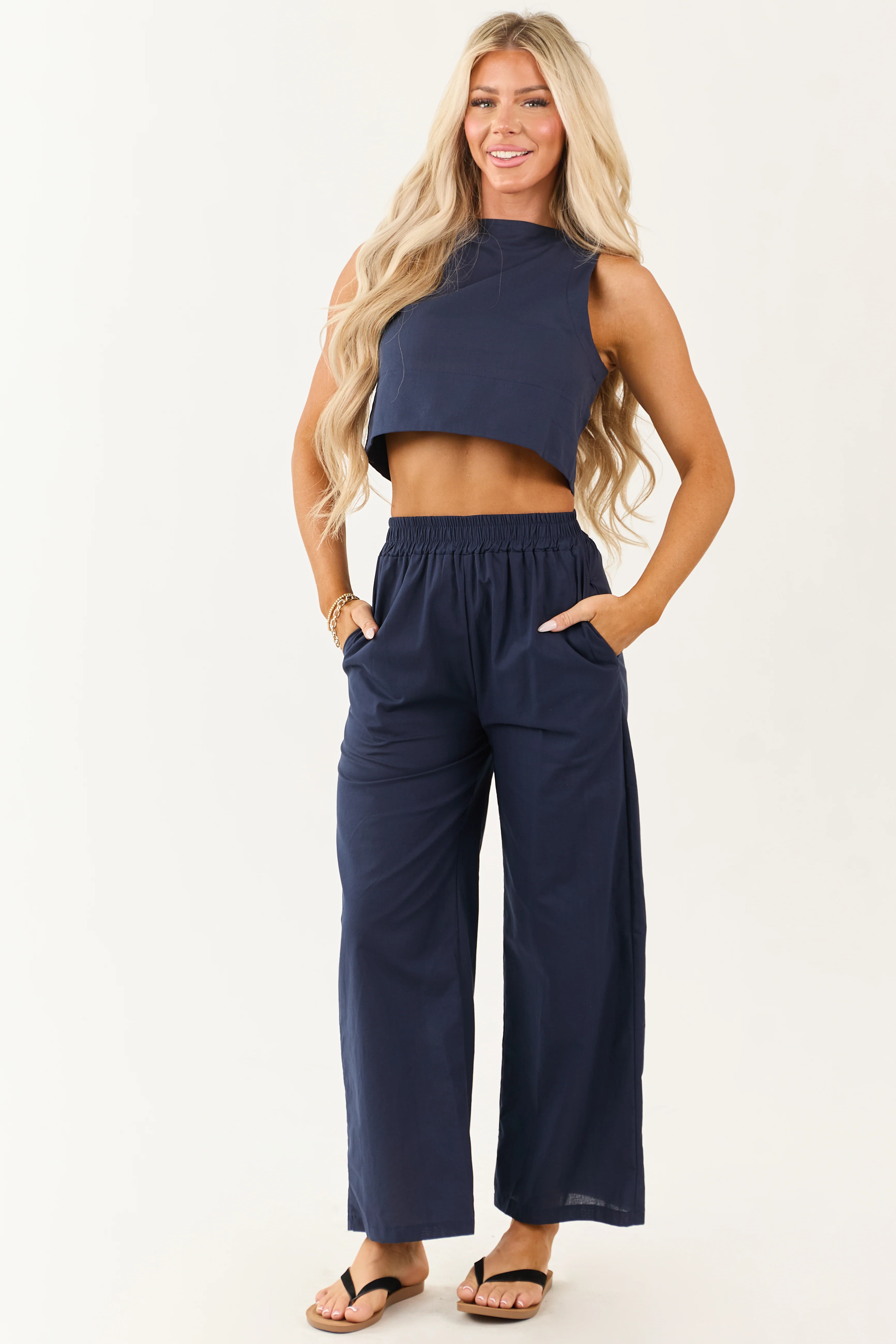 Navy Cropped Tank Top and Wide Leg Pants Set - Image 3