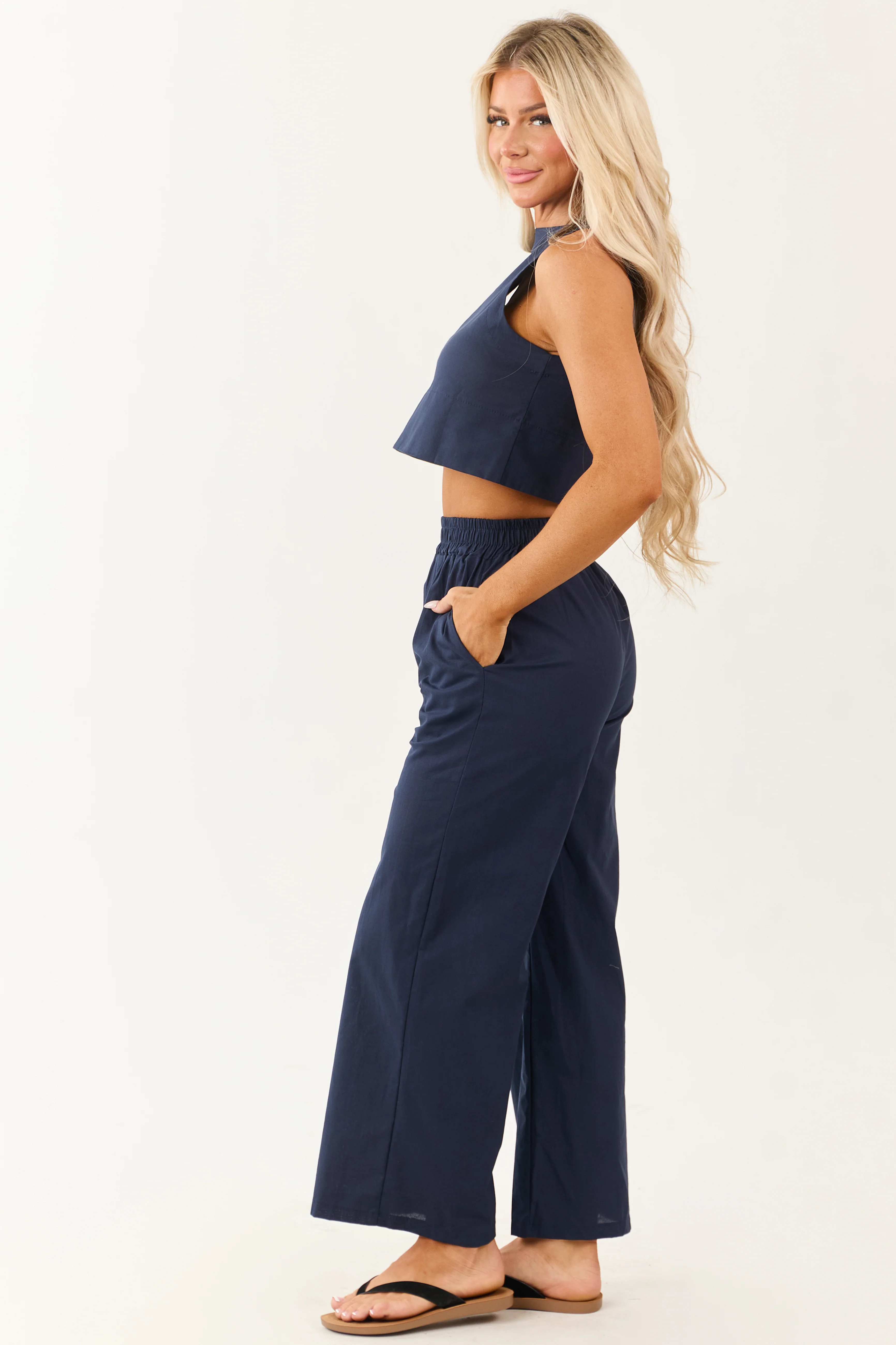 Navy Cropped Tank Top and Wide Leg Pants Set - Image 4
