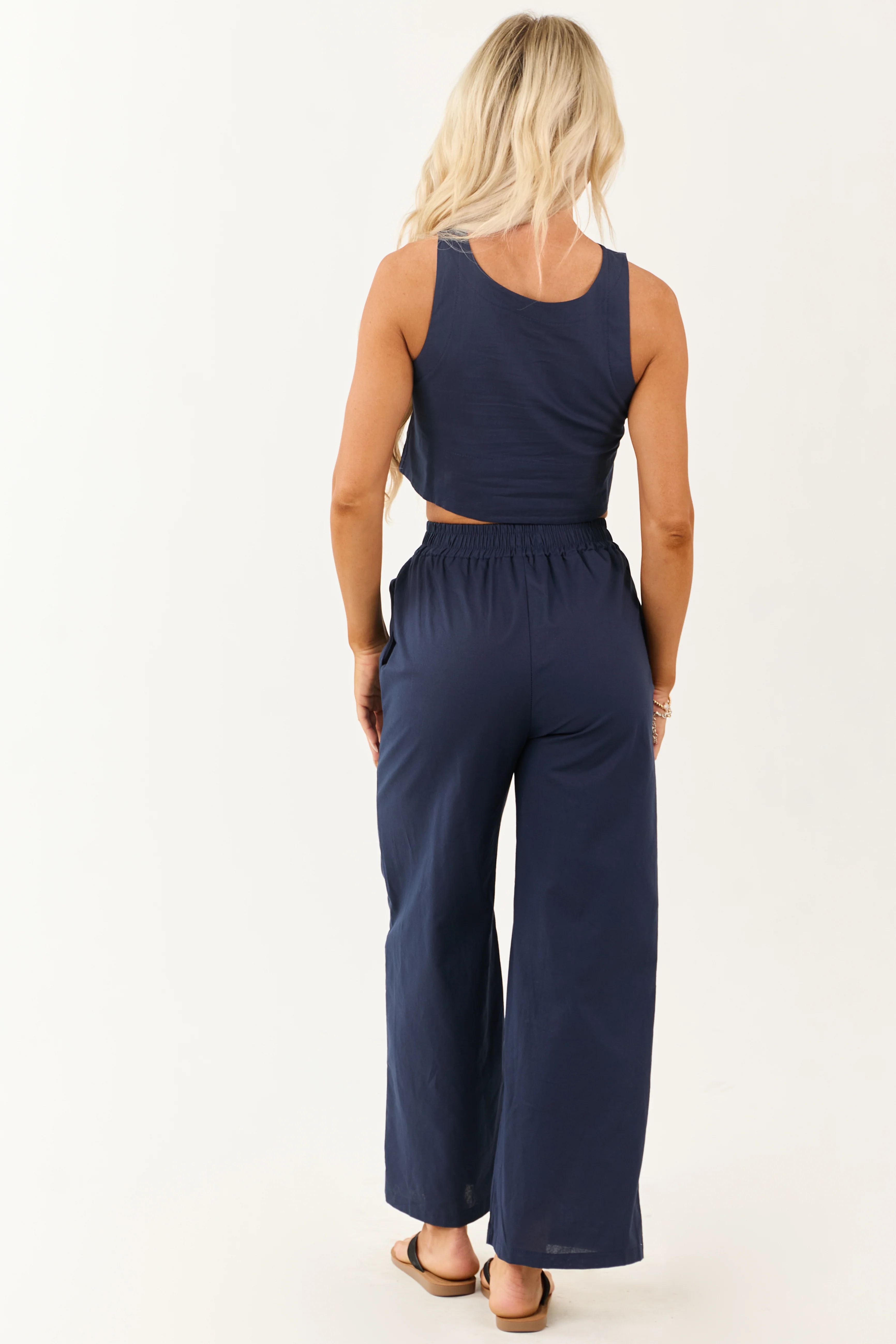 Navy Cropped Tank Top and Wide Leg Pants Set - Image 5