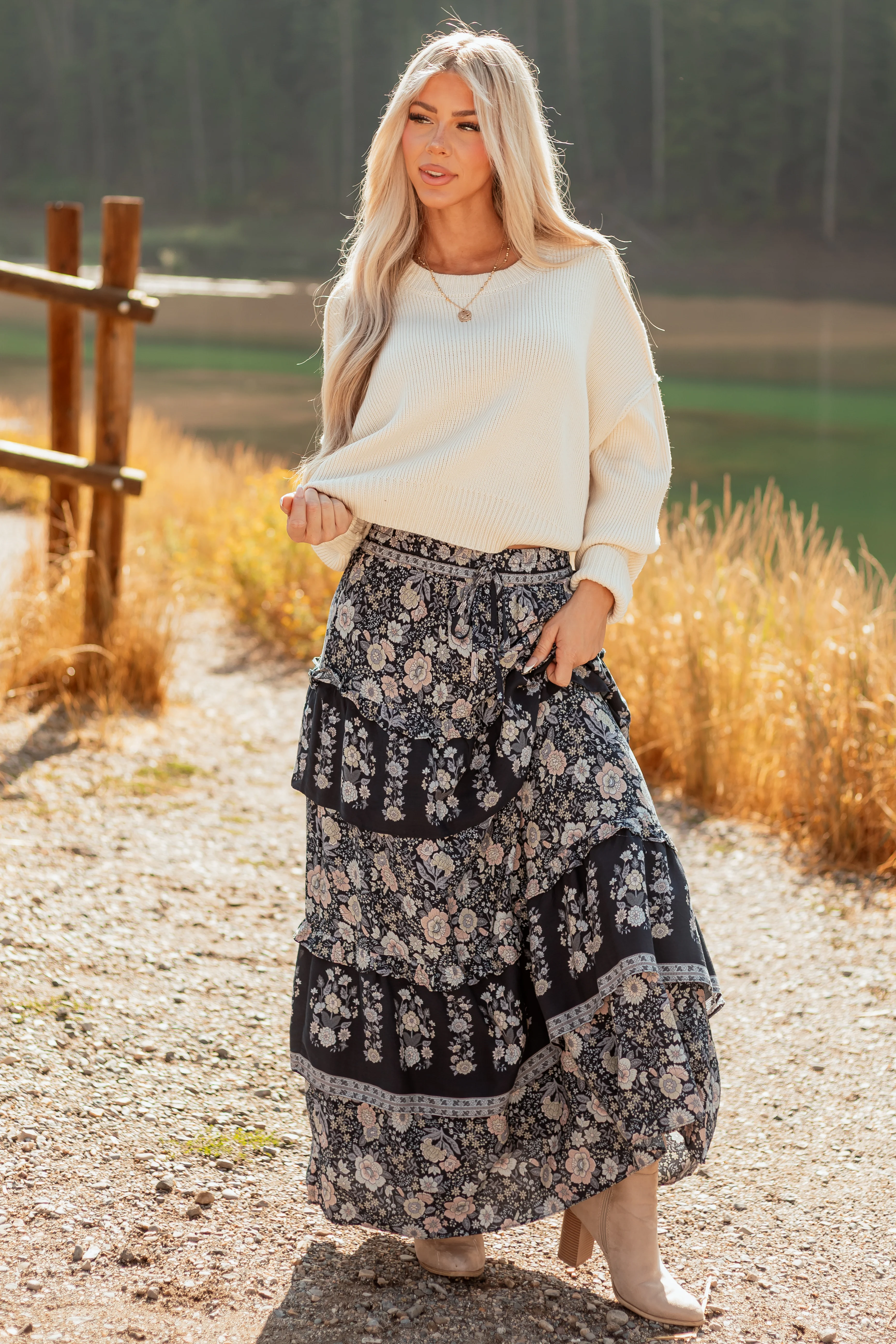 Navy Floral Print Ruffle Tiered Maxi Skirt - Image 2
