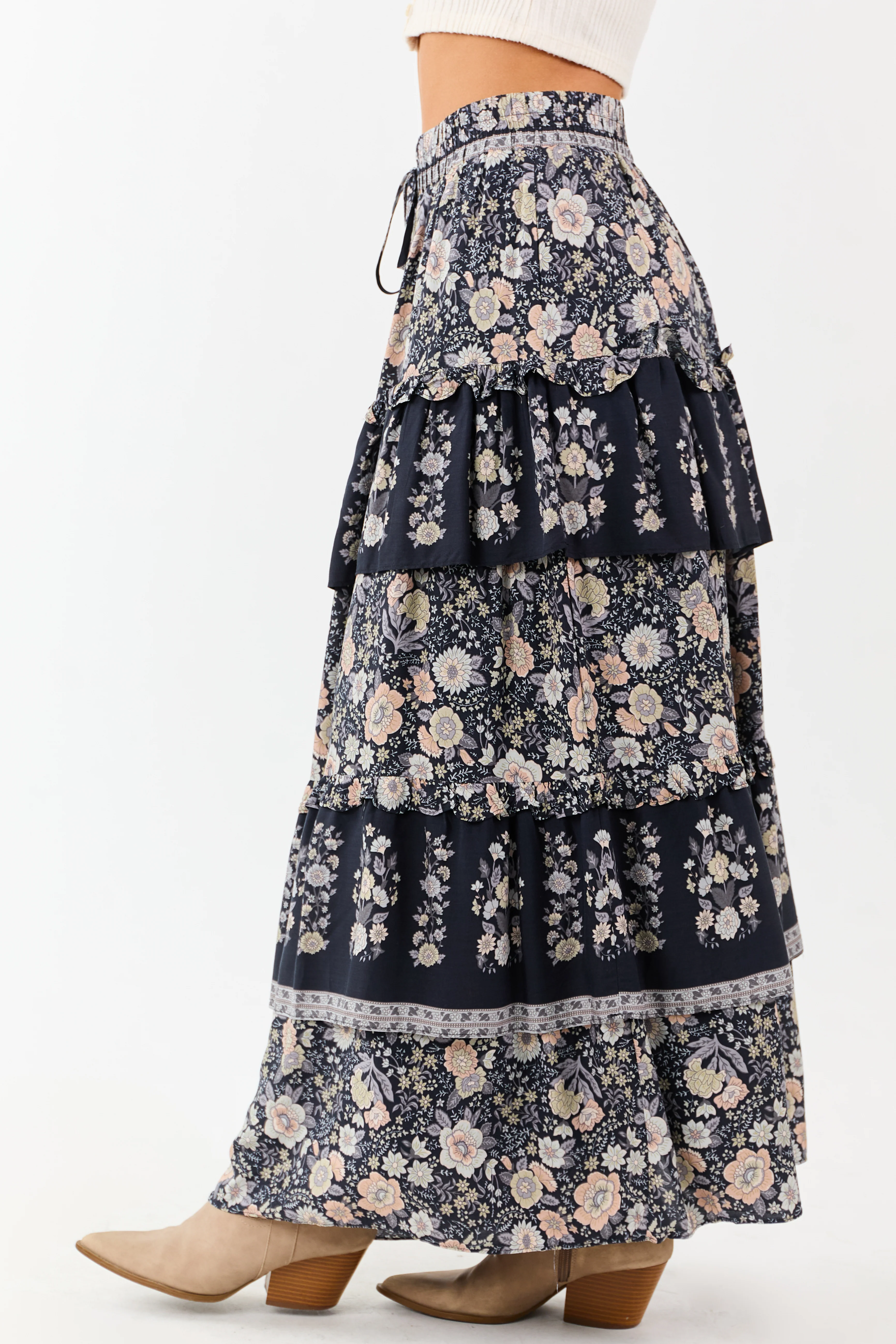 Navy Floral Print Ruffle Tiered Maxi Skirt - Image 4