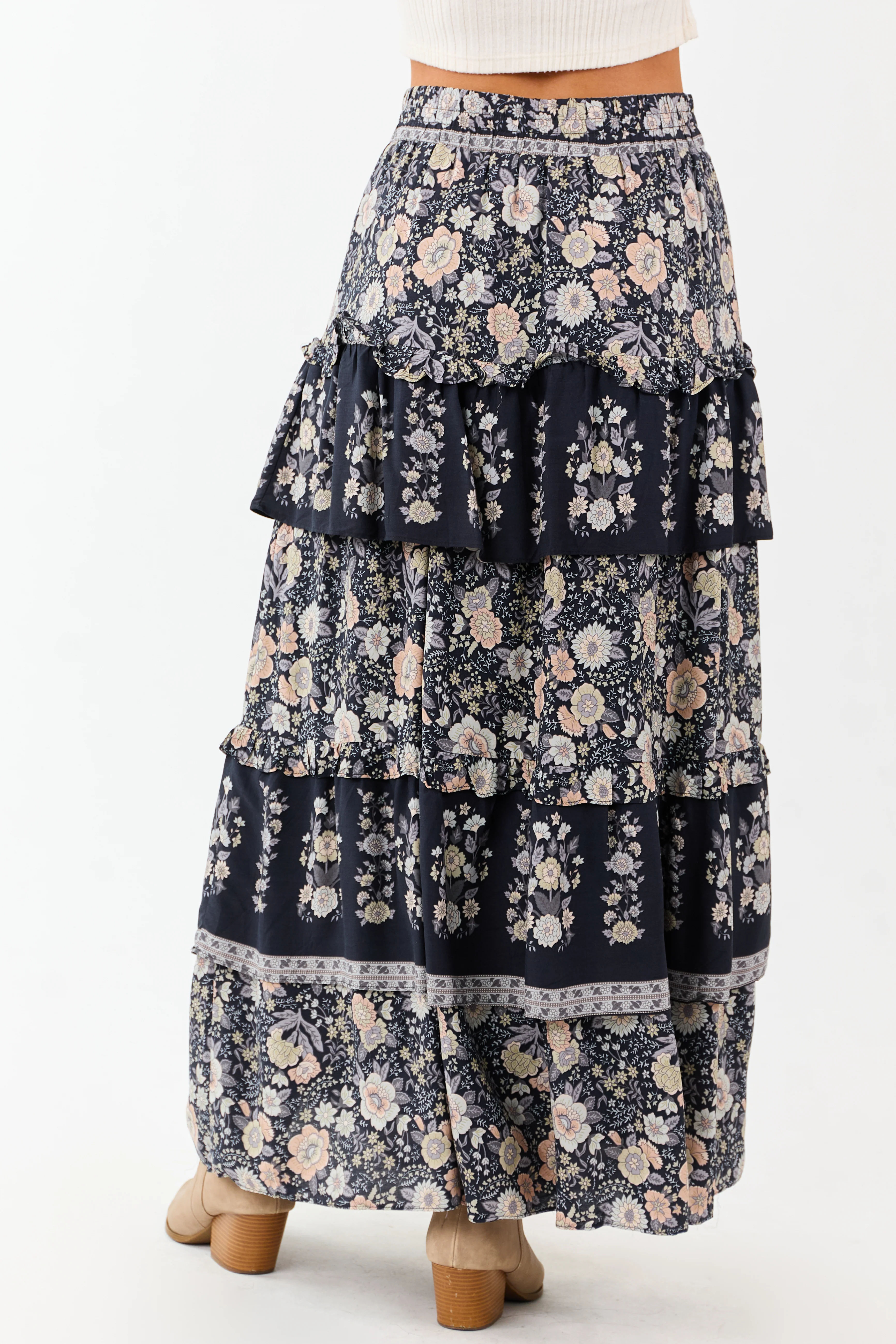 Navy Floral Print Ruffle Tiered Maxi Skirt - Image 5