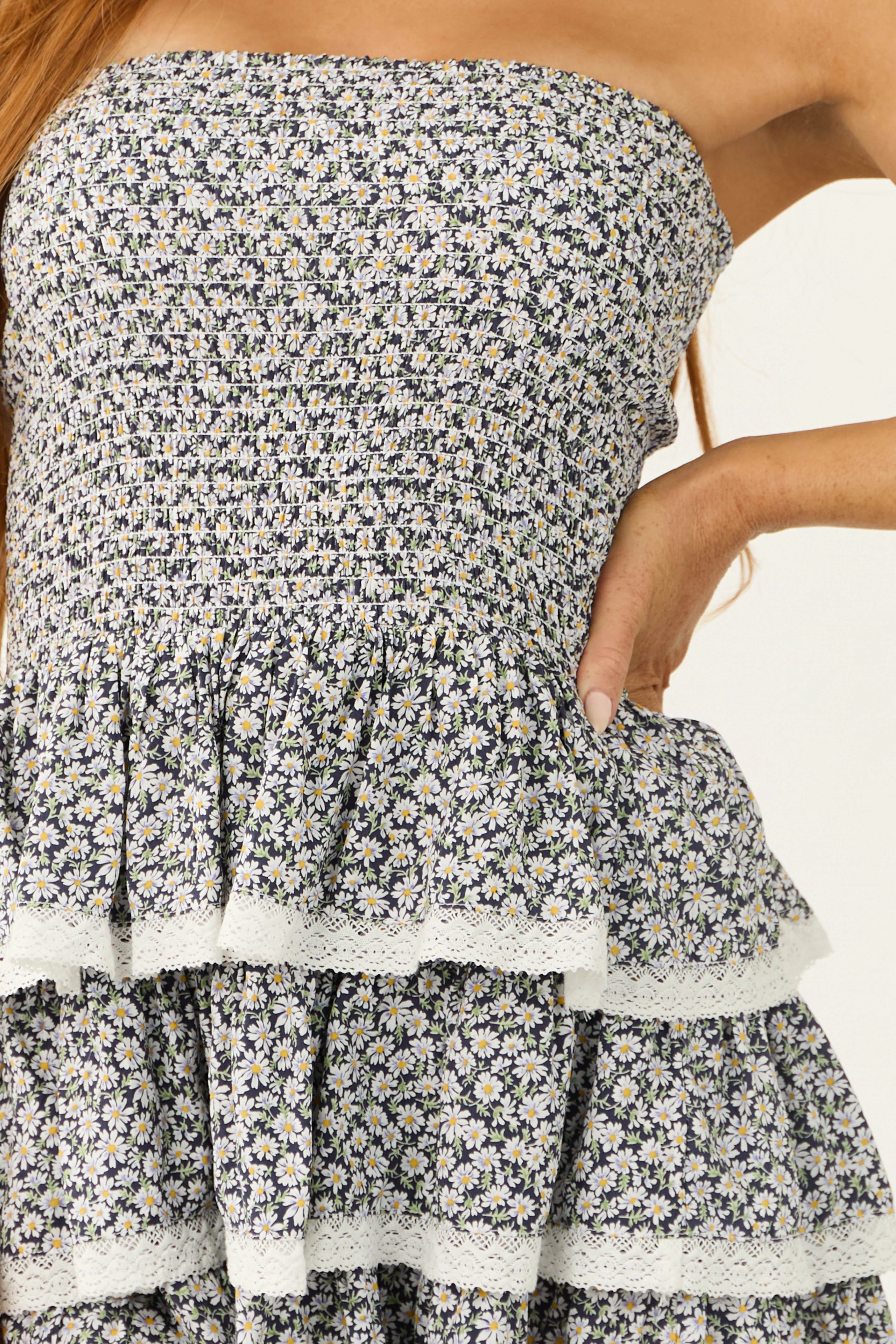 Navy Floral Print Strapless Smocked Romper - Image 2