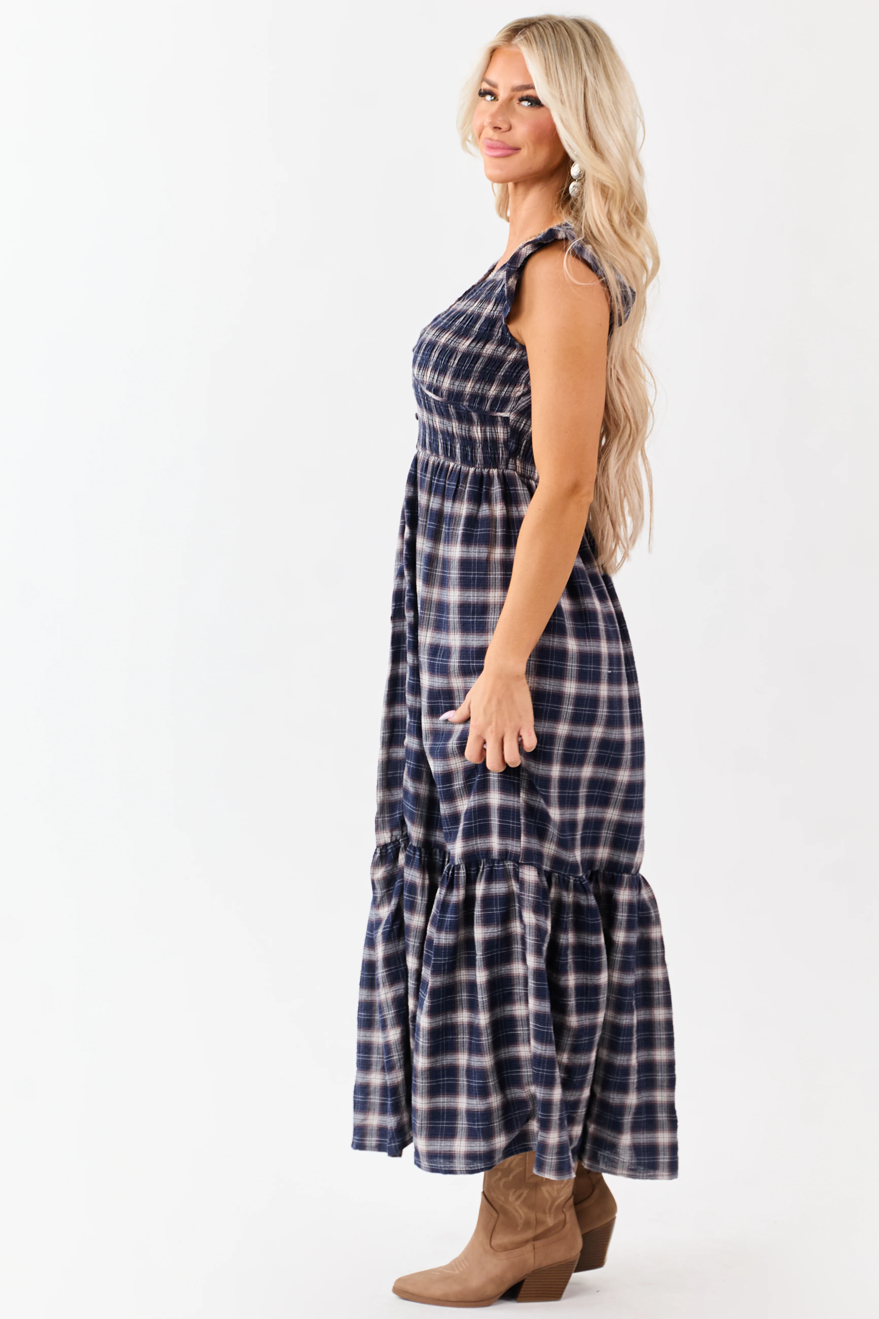 Navy Plaid Button Down Smocked Cotton Midi Dress - Image 6