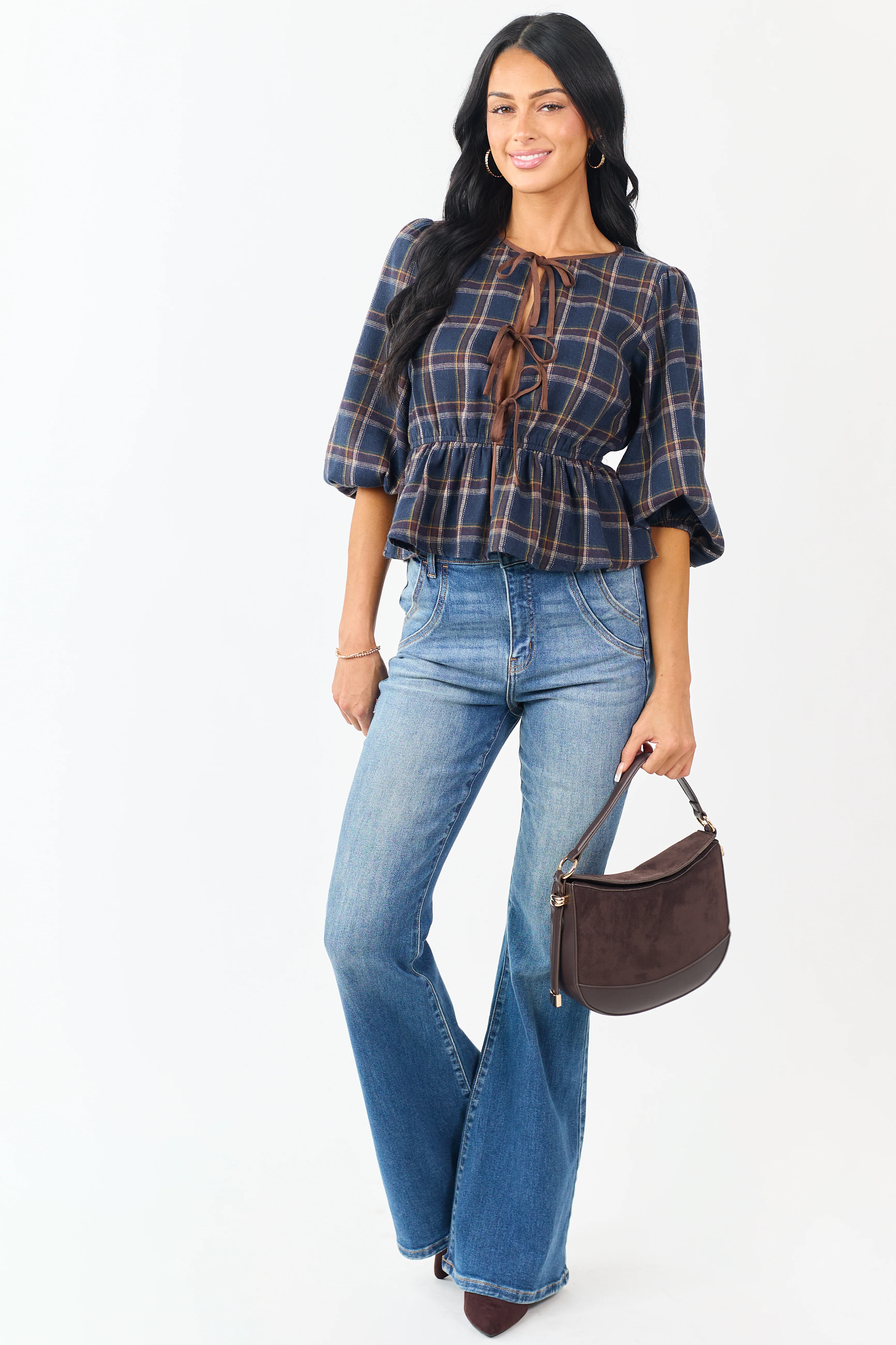 Navy Plaid Peplum Front Tie 3/4 Sleeve Top - Image 3
