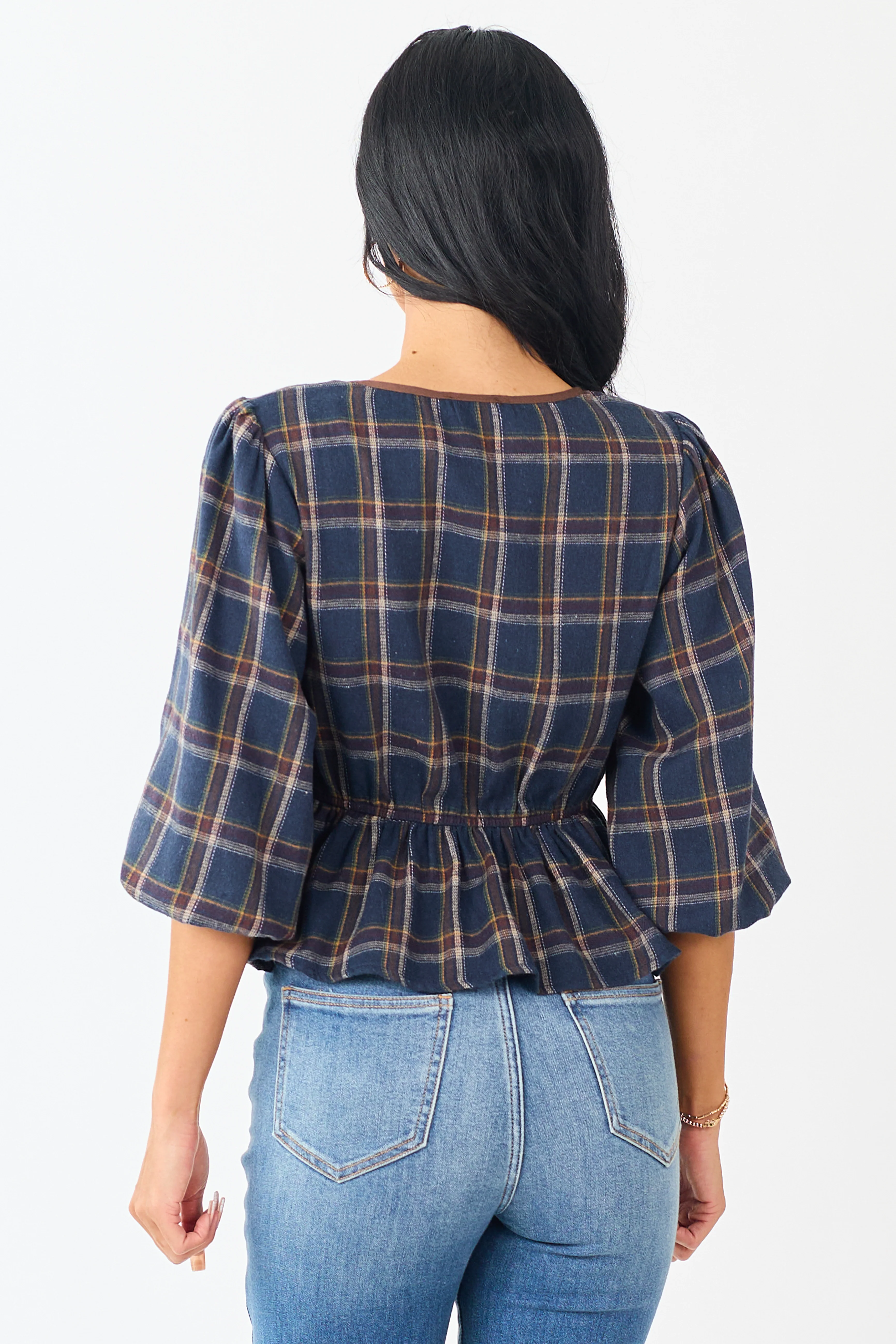 Navy Plaid Peplum Front Tie 3/4 Sleeve Top - Image 5