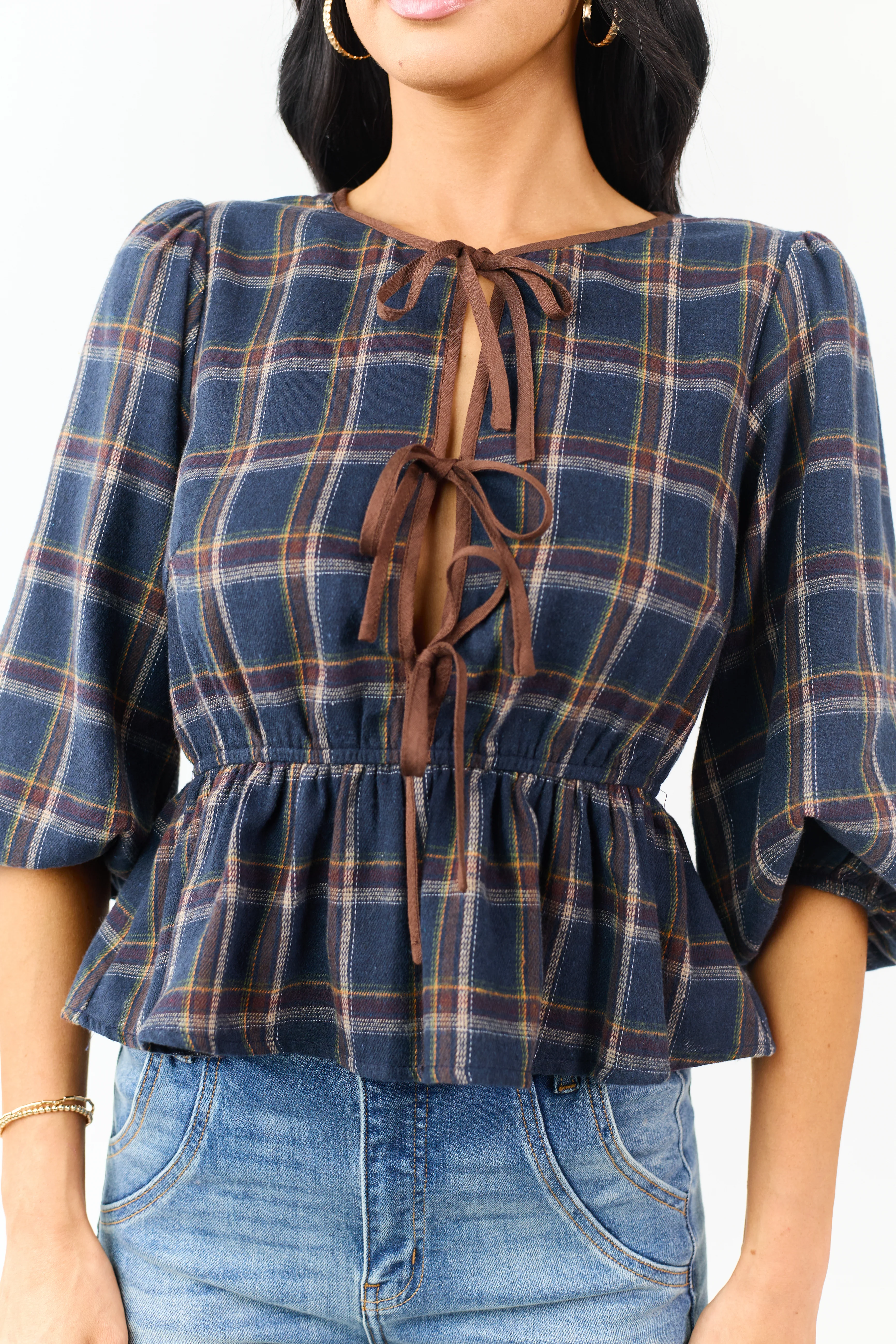 Navy Plaid Peplum Front Tie 3/4 Sleeve Top - Image 6