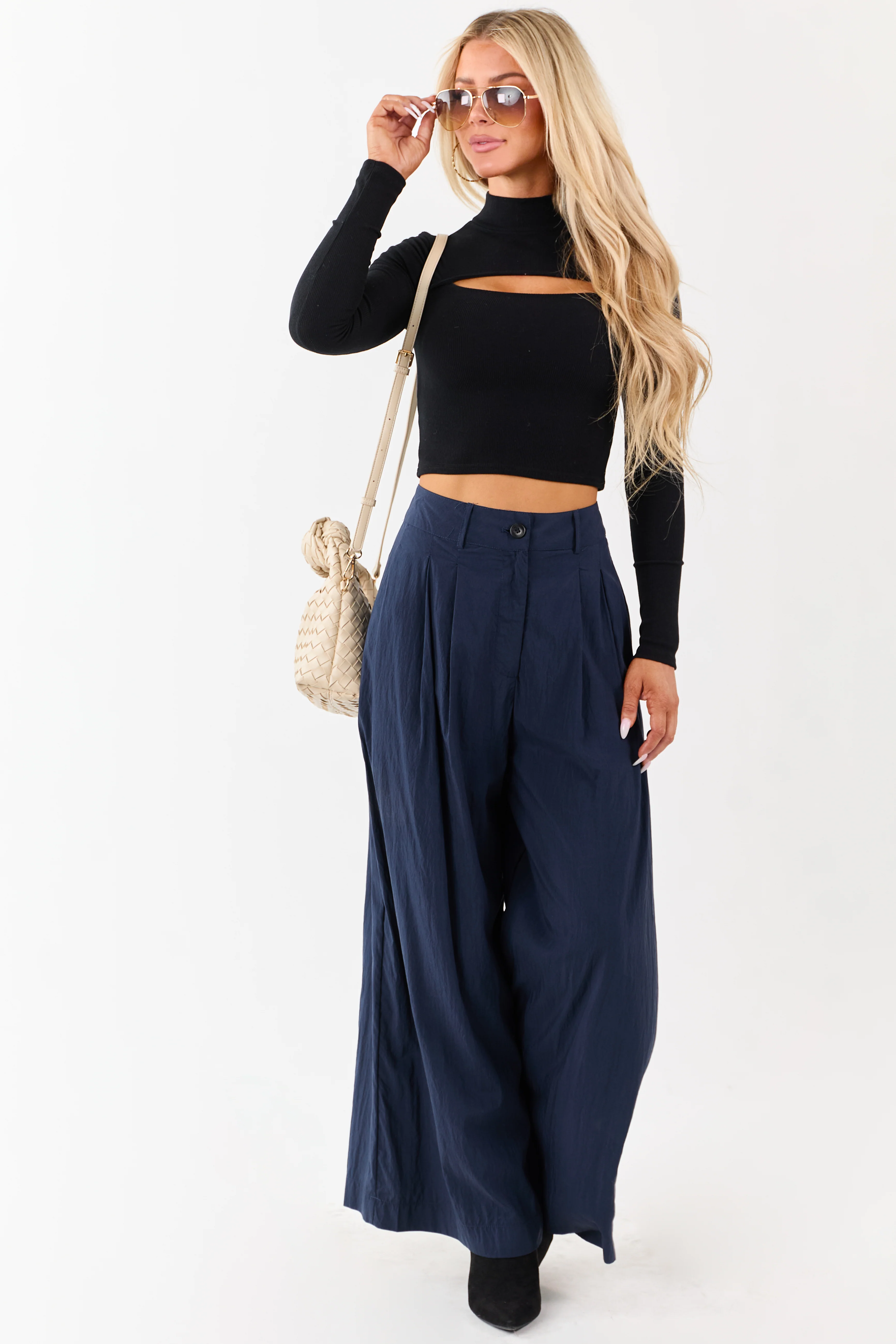 Navy Pleated High Waisted Wide Leg Palazzo Pants - Image 6