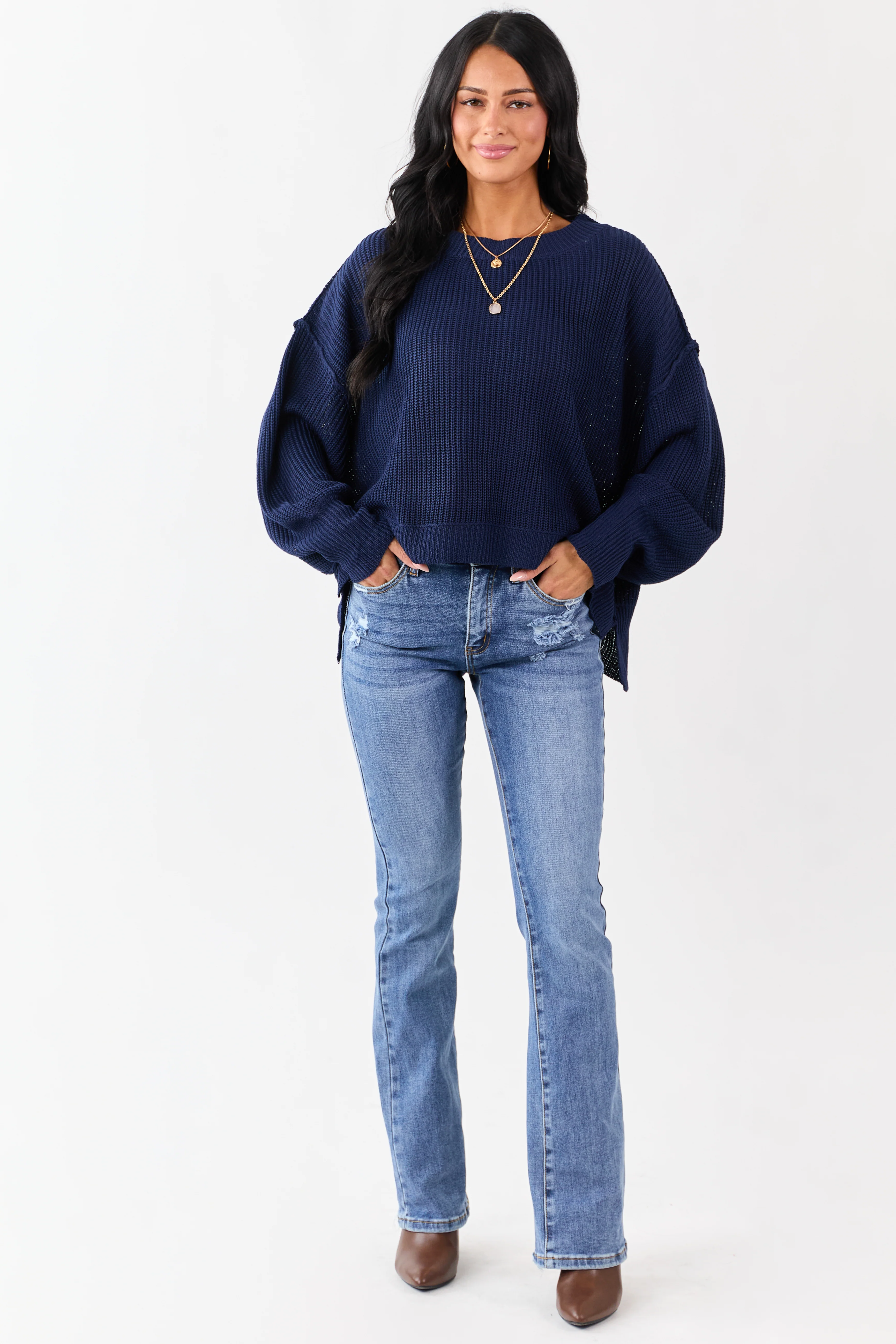 Navy Rib Knit High-Low Hem Balloon Sleeve Sweater - Image 2