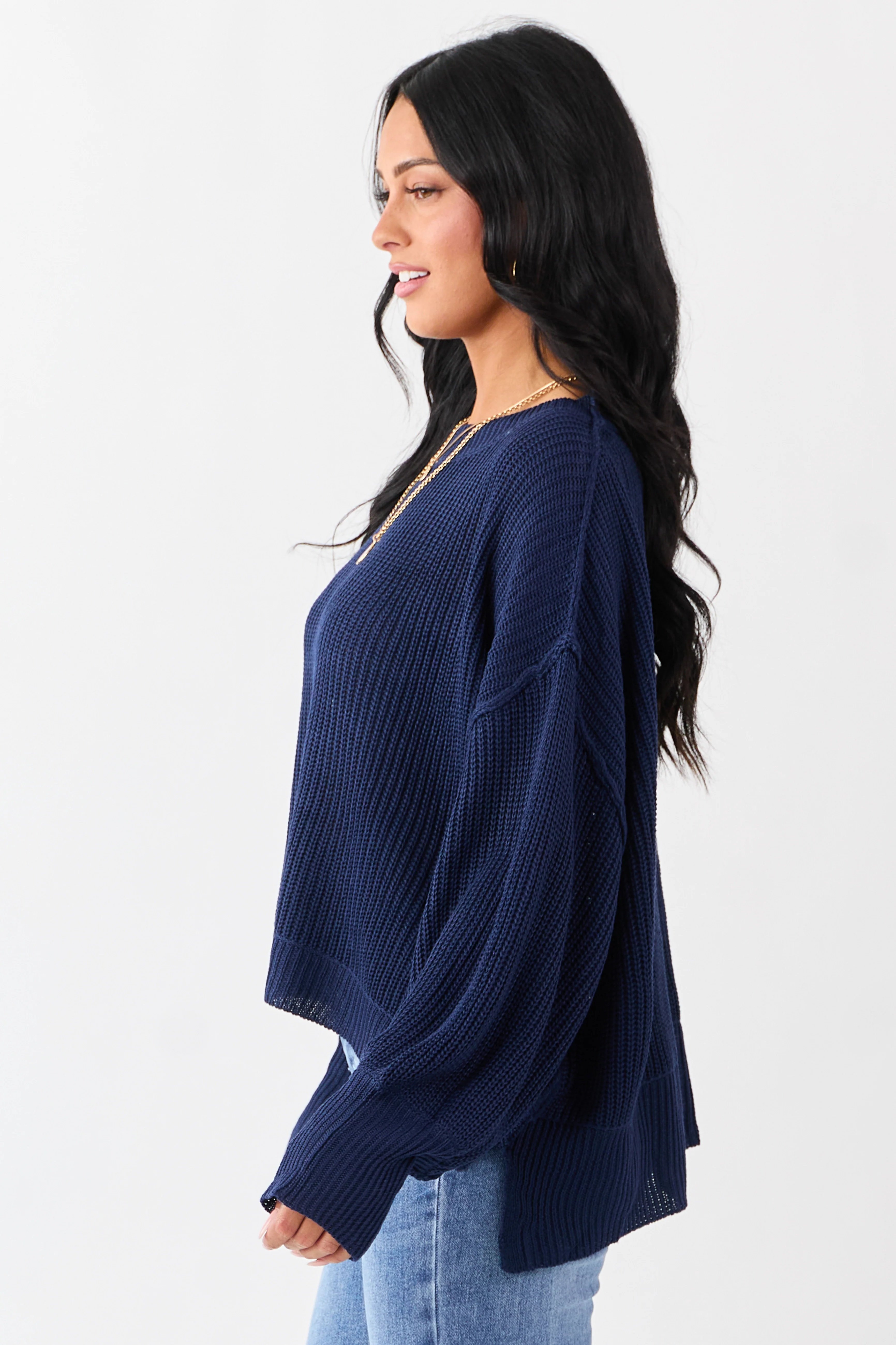 Navy Rib Knit High-Low Hem Balloon Sleeve Sweater - Image 4