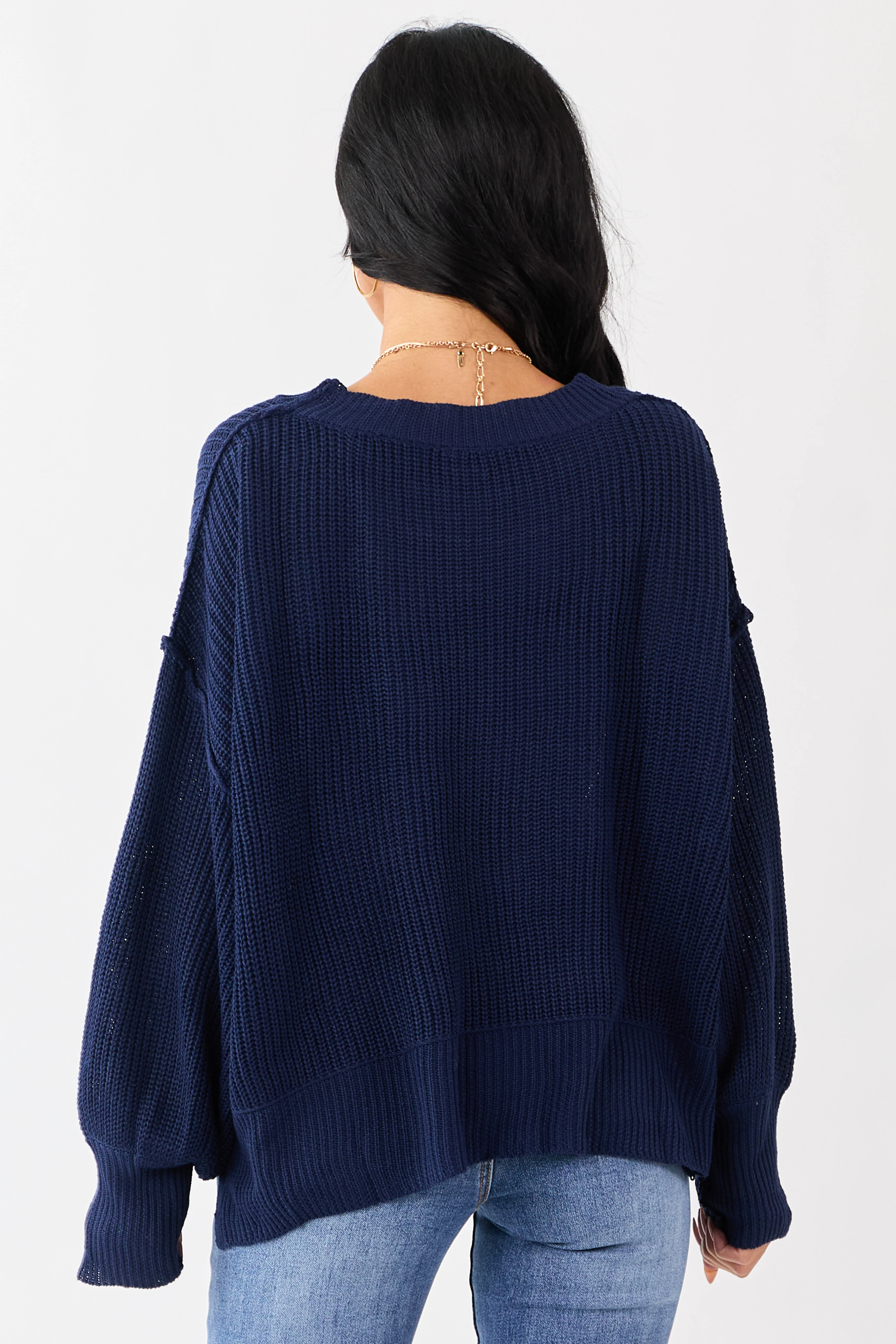 Navy Rib Knit High-Low Hem Balloon Sleeve Sweater - Image 5