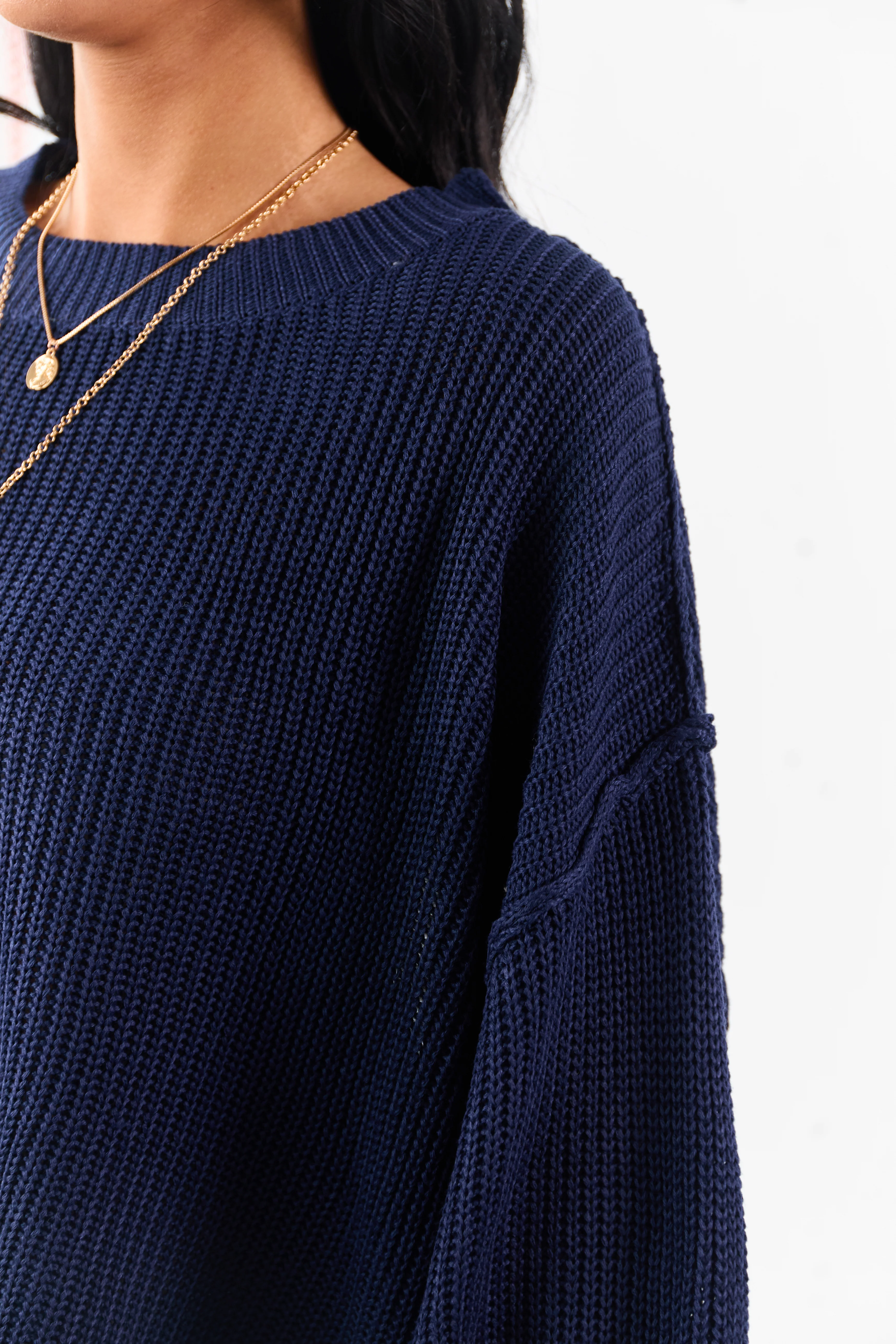 Navy Rib Knit High-Low Hem Balloon Sleeve Sweater - Image 6