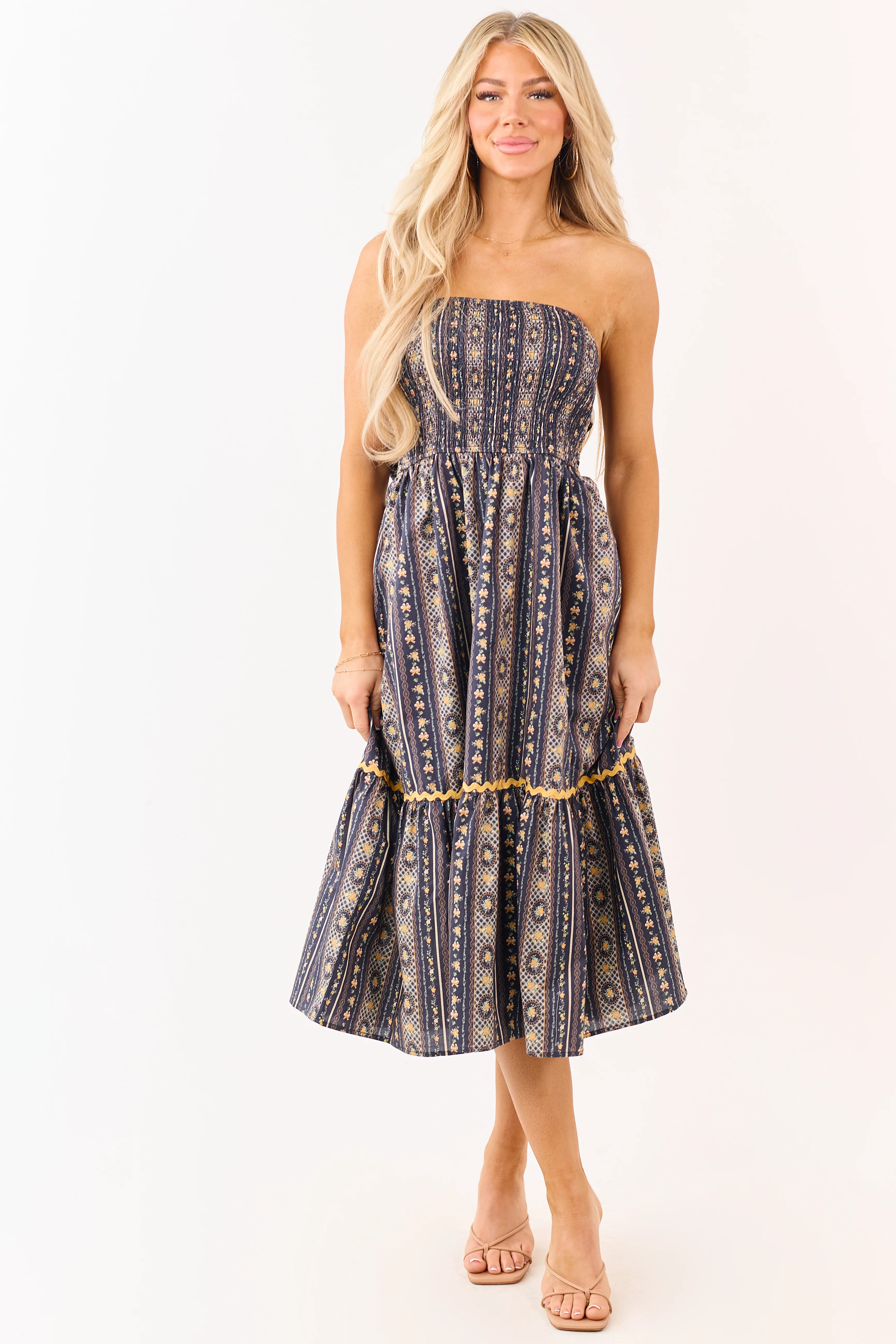 Navy Strapless Vintage Floral Cotton Midi Dress - Image 3