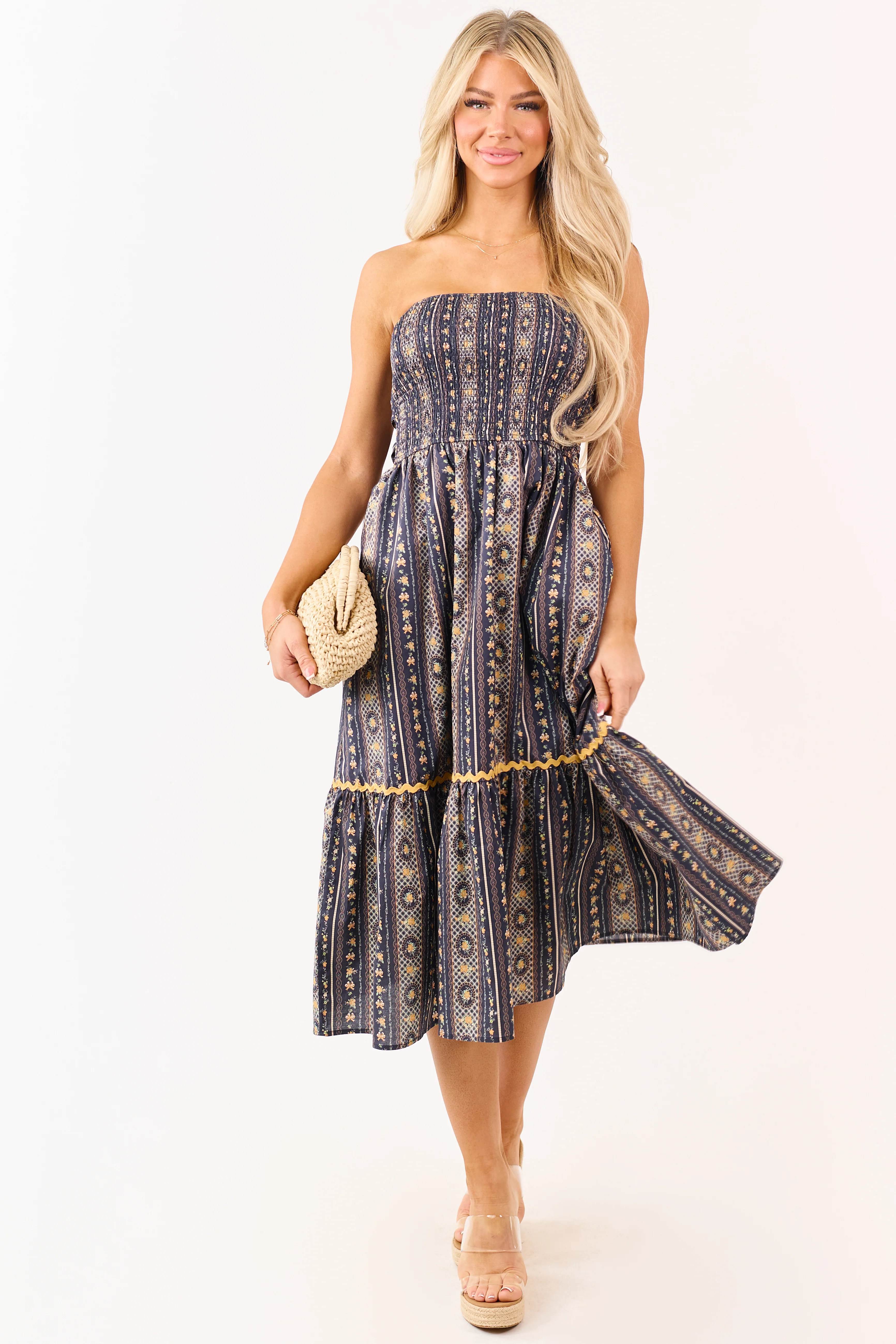 Navy Strapless Vintage Floral Cotton Midi Dress - Image 4