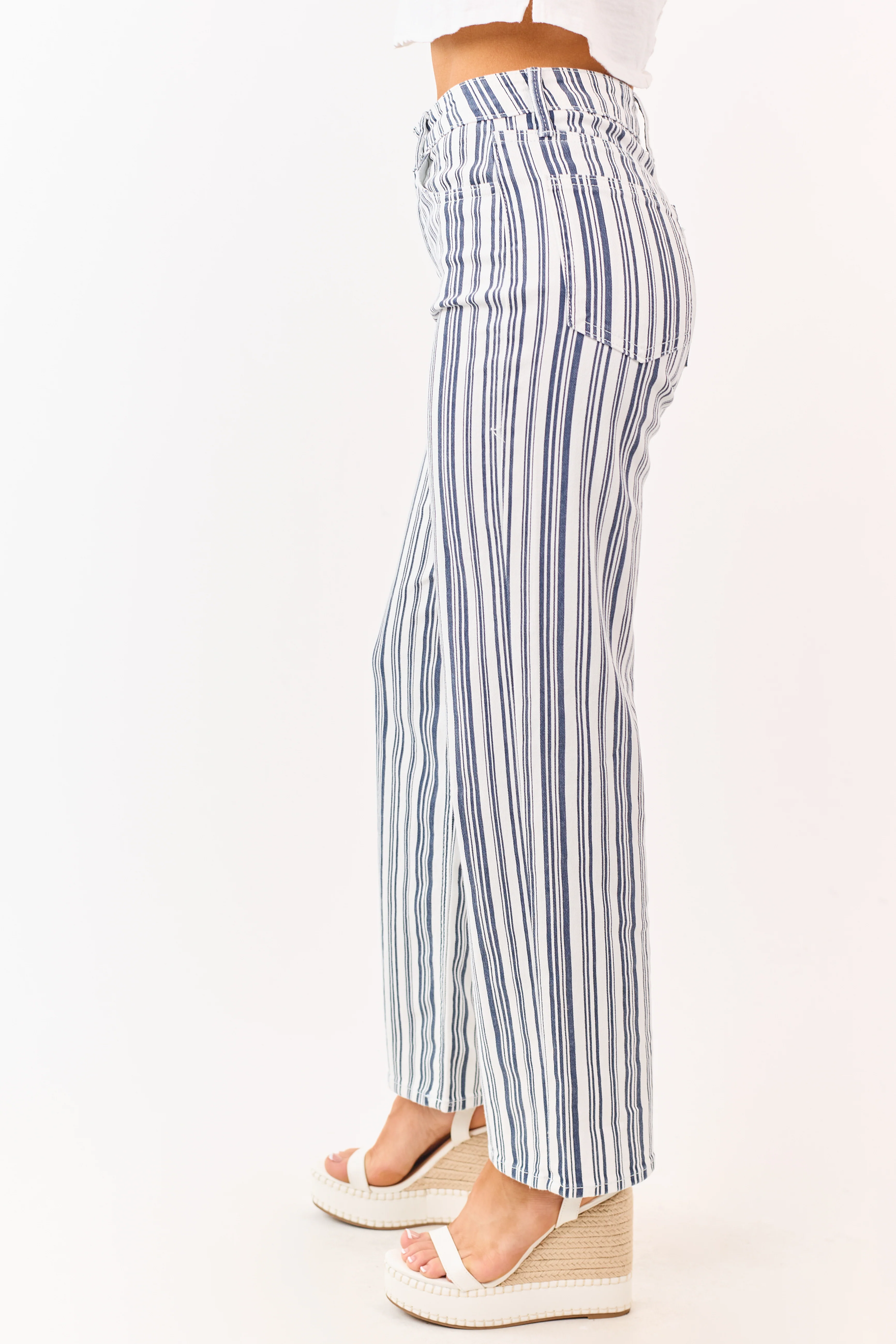 Navy Striped High Rise Straight Stretchy Jeans - Image 3