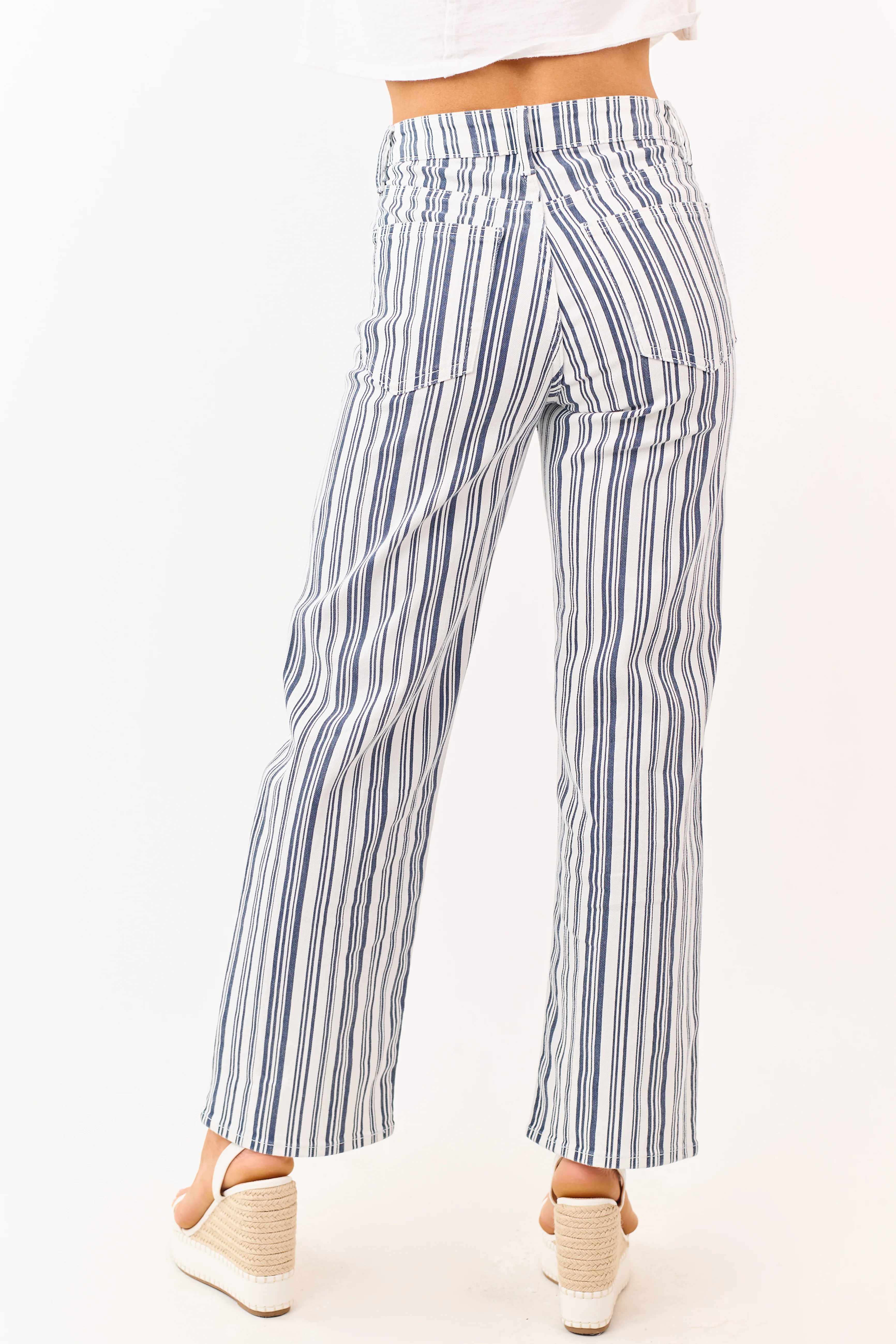 Navy Striped High Rise Straight Stretchy Jeans - Image 4