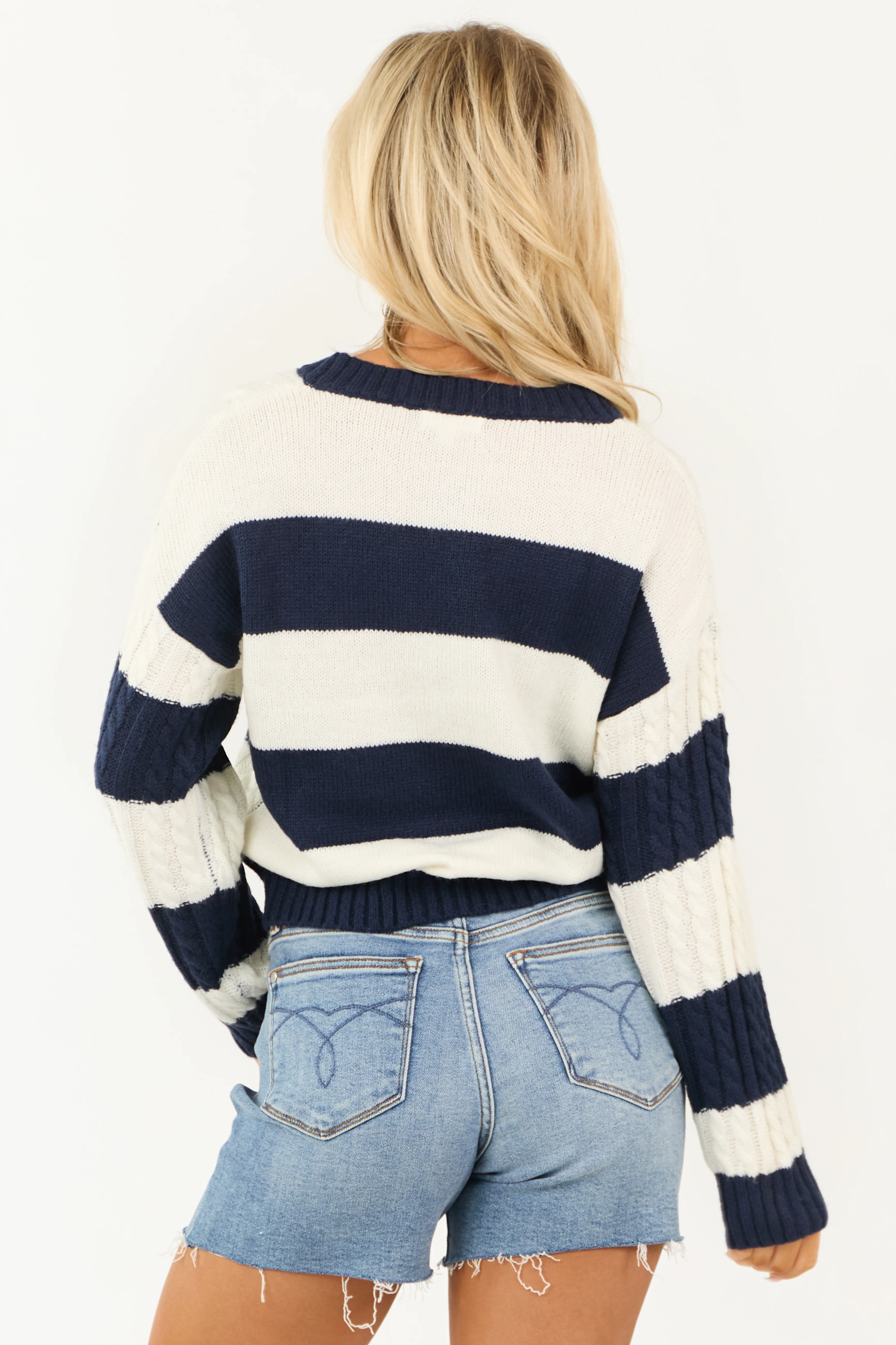 Navy Striped V Neck Cable Knit Sweater - Image 5