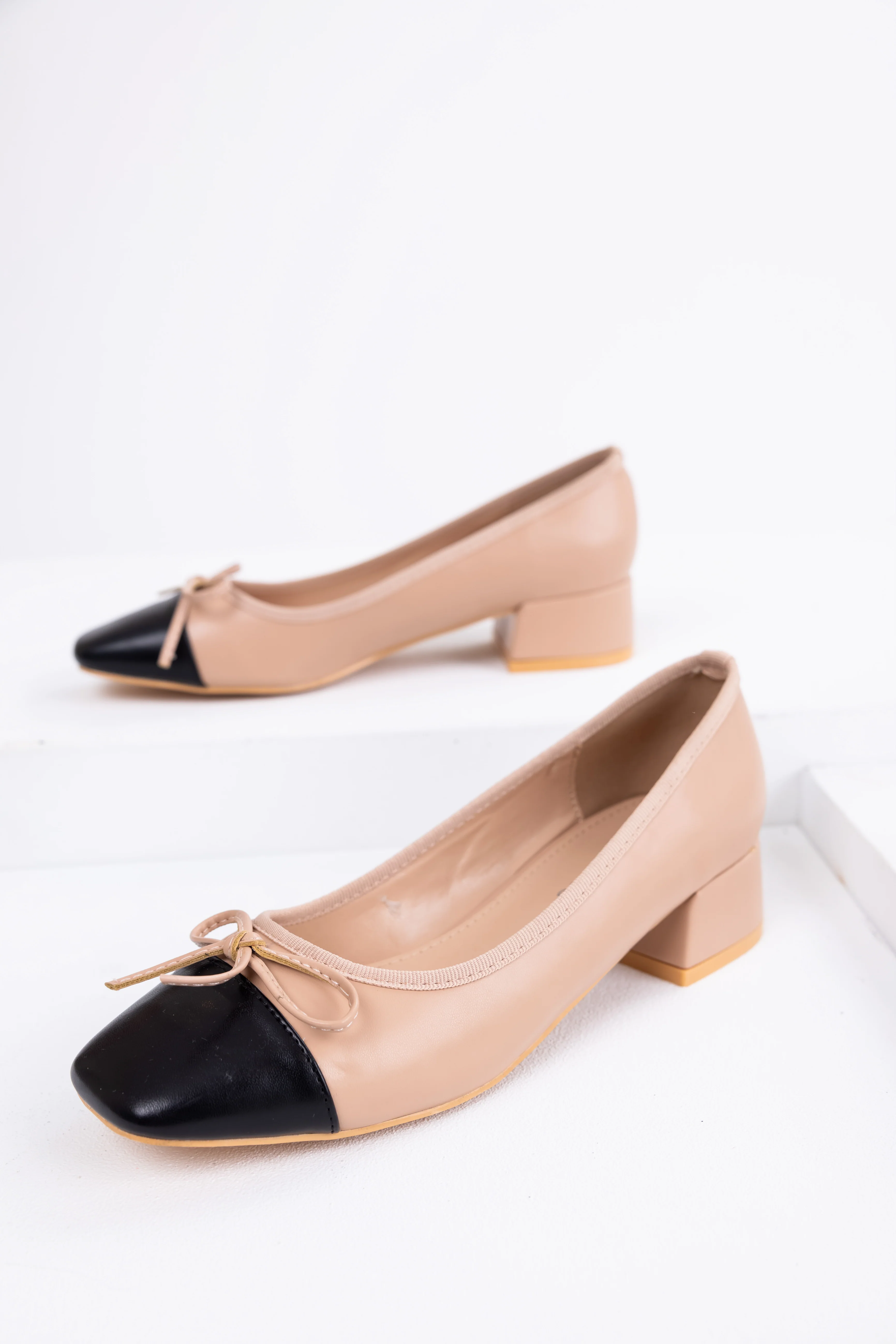 Nude Contrast Toe Low Heel Ballerina Shoes - Image 3