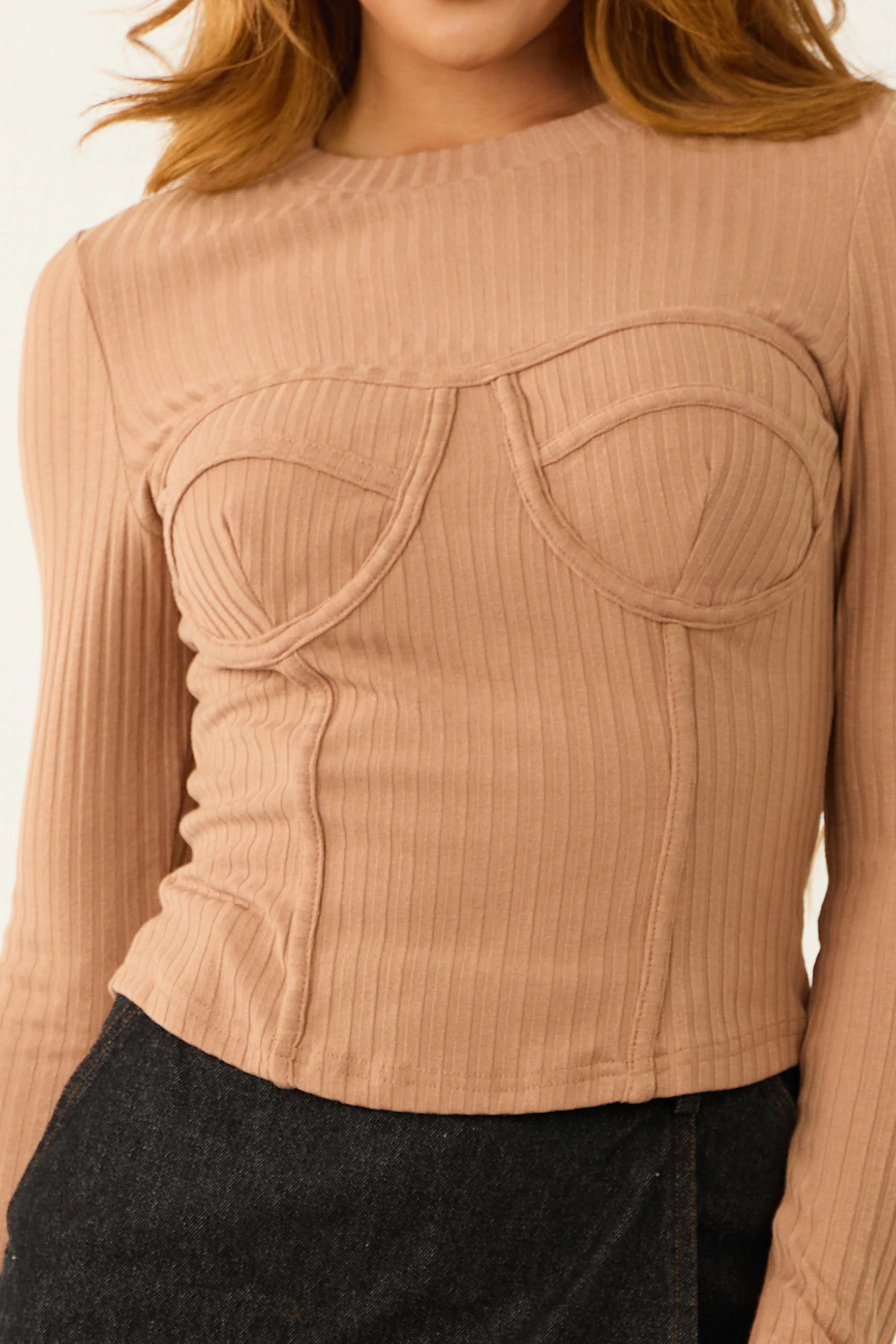 Nude Fitted Corset Knit Long Sleeve Top - Image 8
