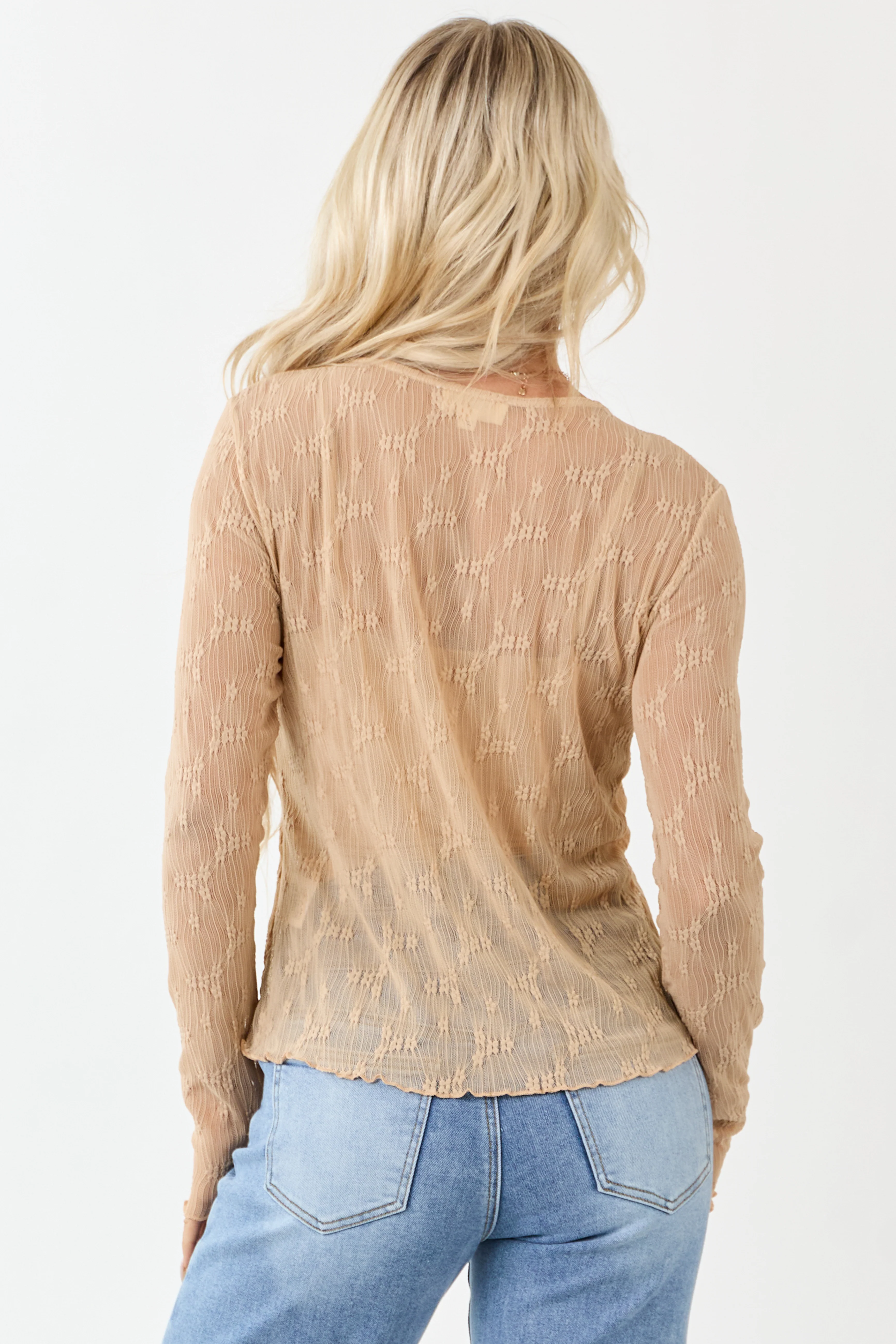Nude Lace Round Neck Long Sleeve Top - Image 6