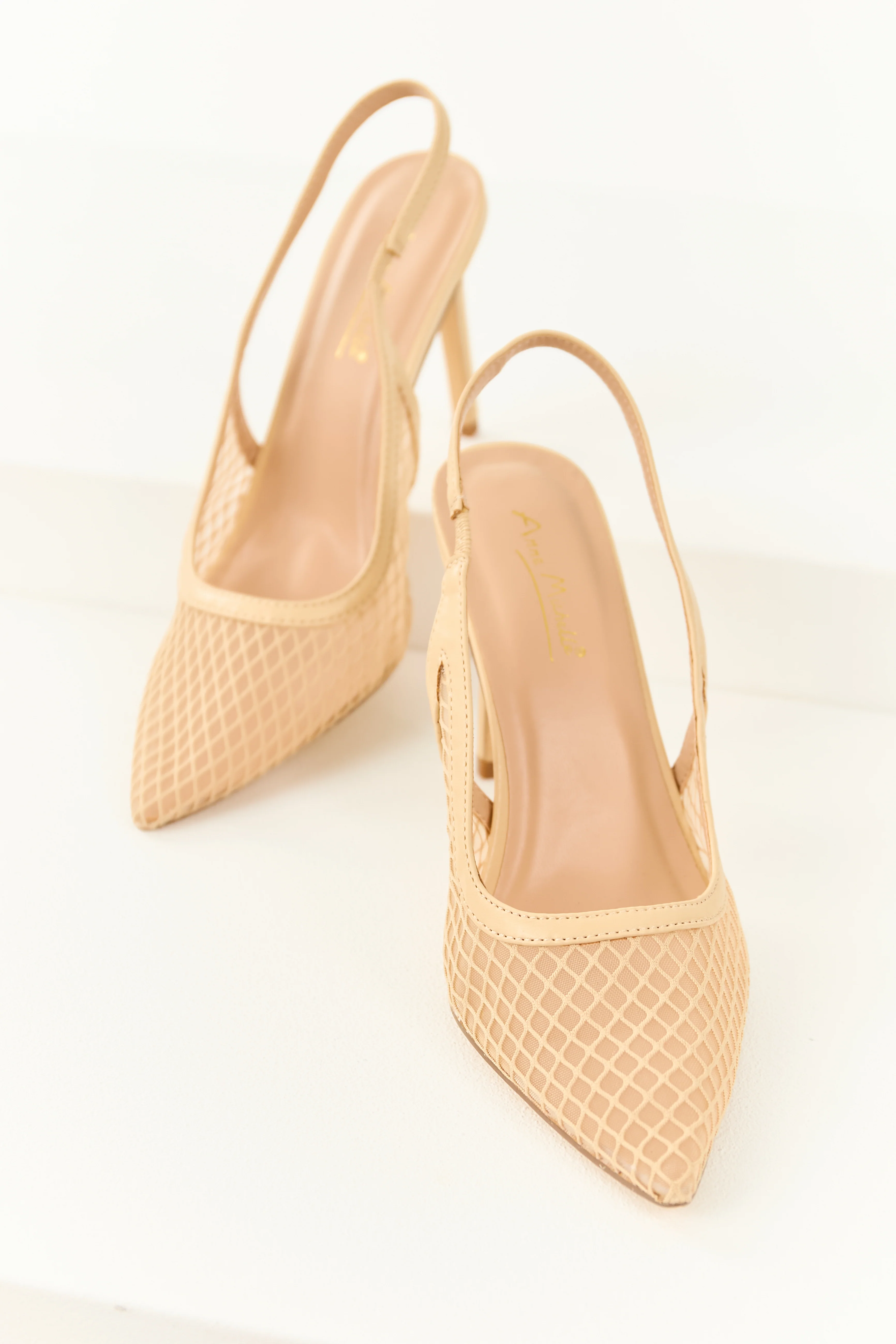 Nude Mesh Pointed Toe Slingback Stiletto Heels - Image 2