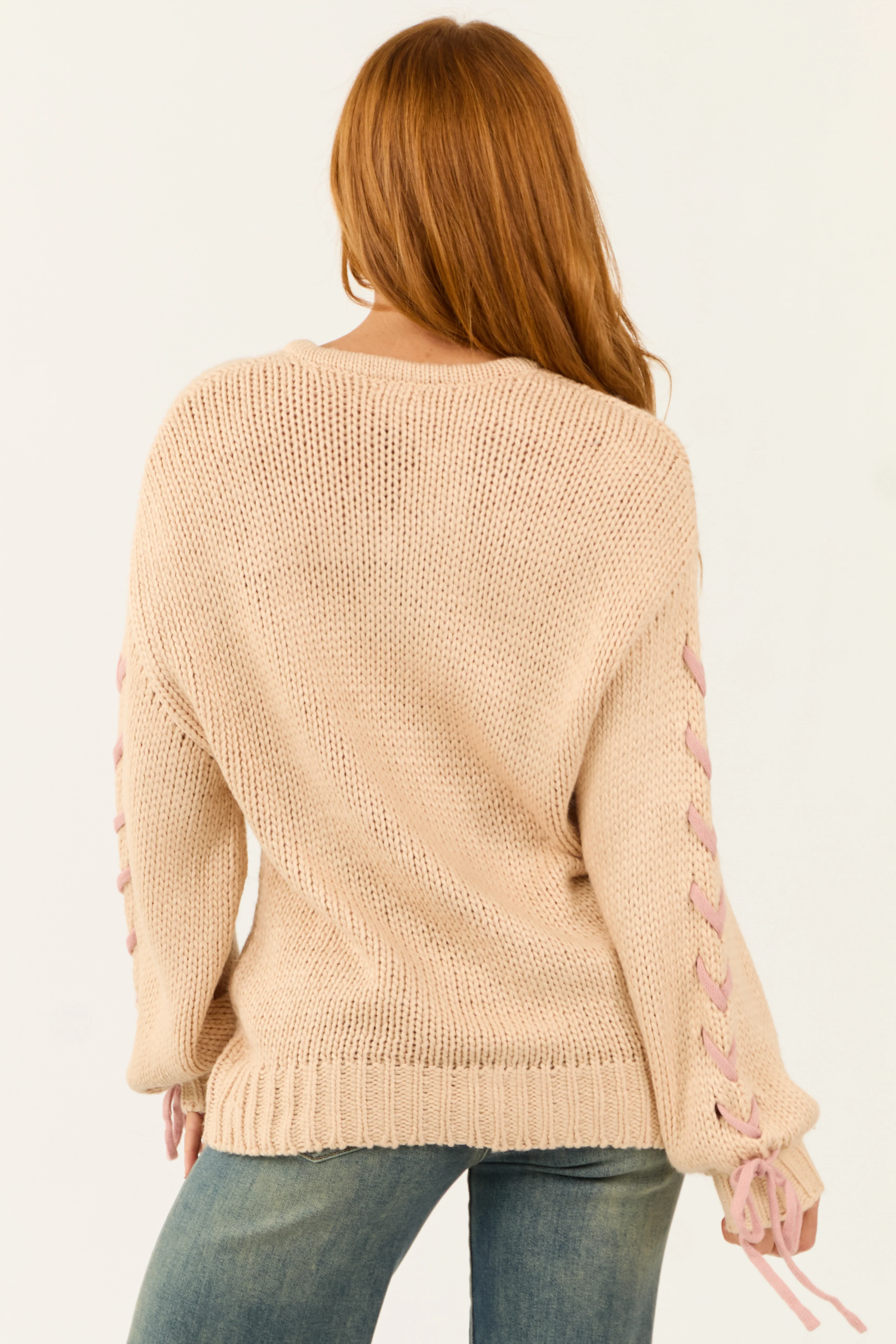 Nude Oversized Sweater with Laced Tie Sleeves - Image 5