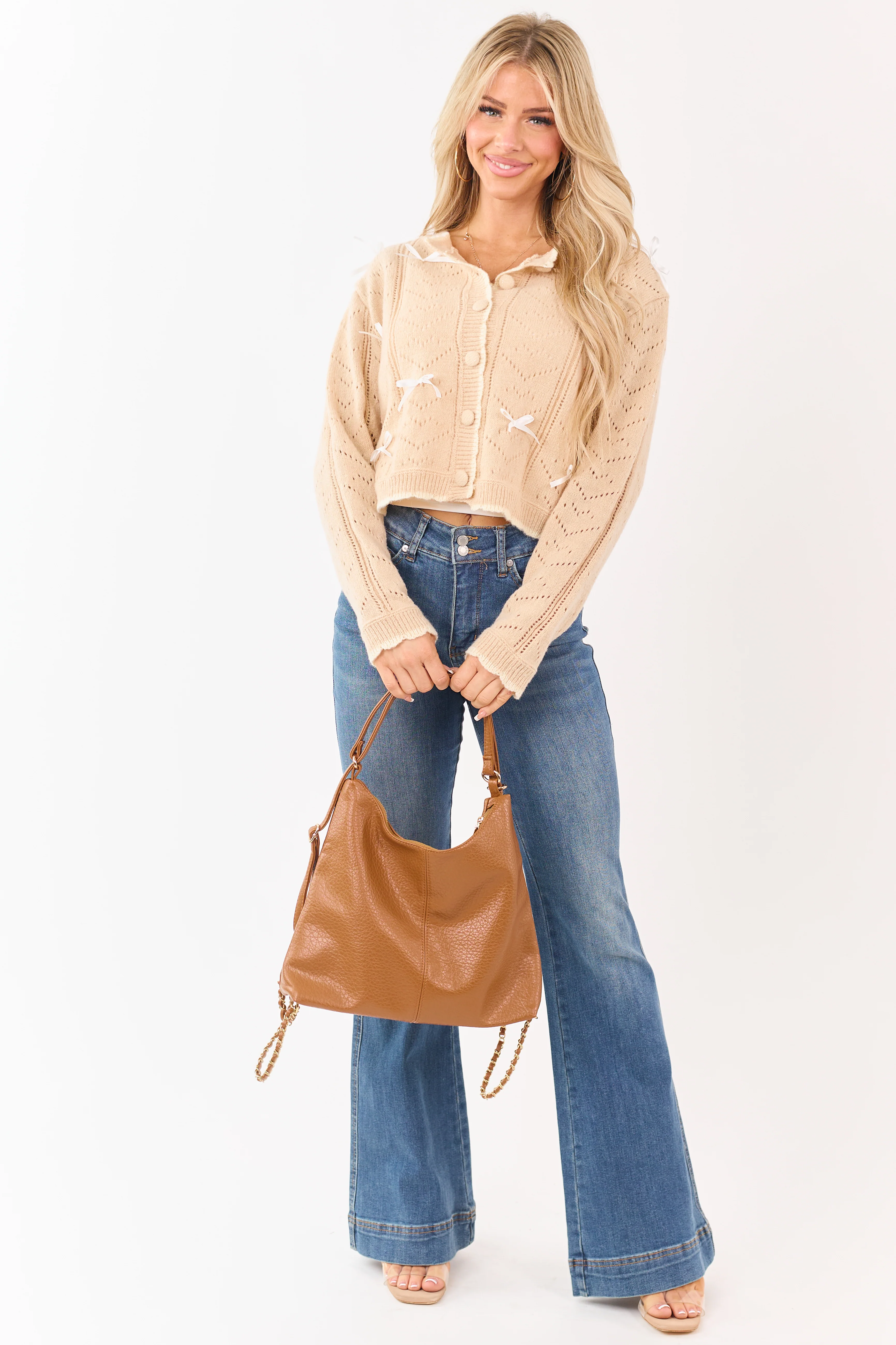 Nude Ribbon Bow Pointelle Knit Boxy Cardigan - Image 3