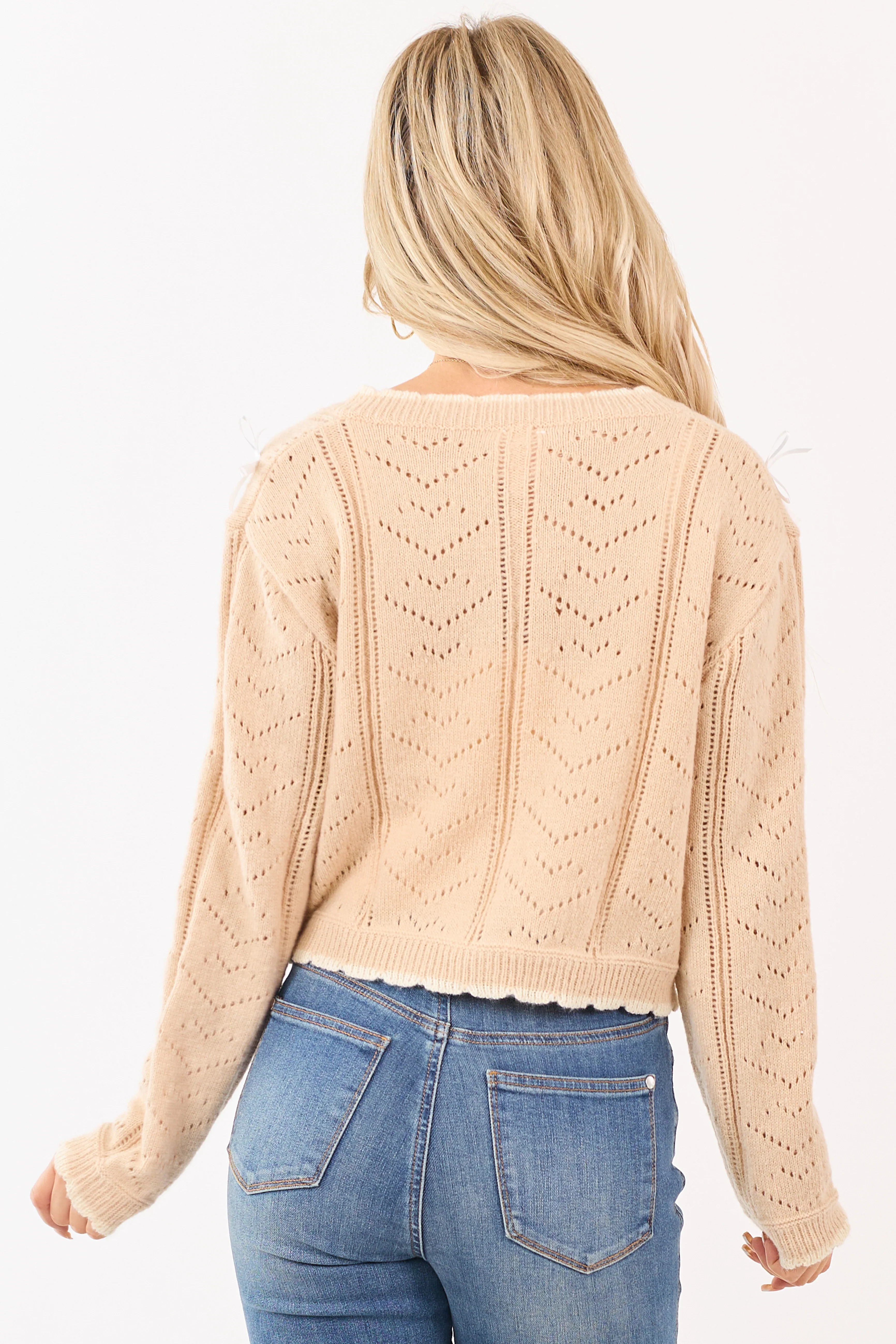 Nude Ribbon Bow Pointelle Knit Boxy Cardigan - Image 6