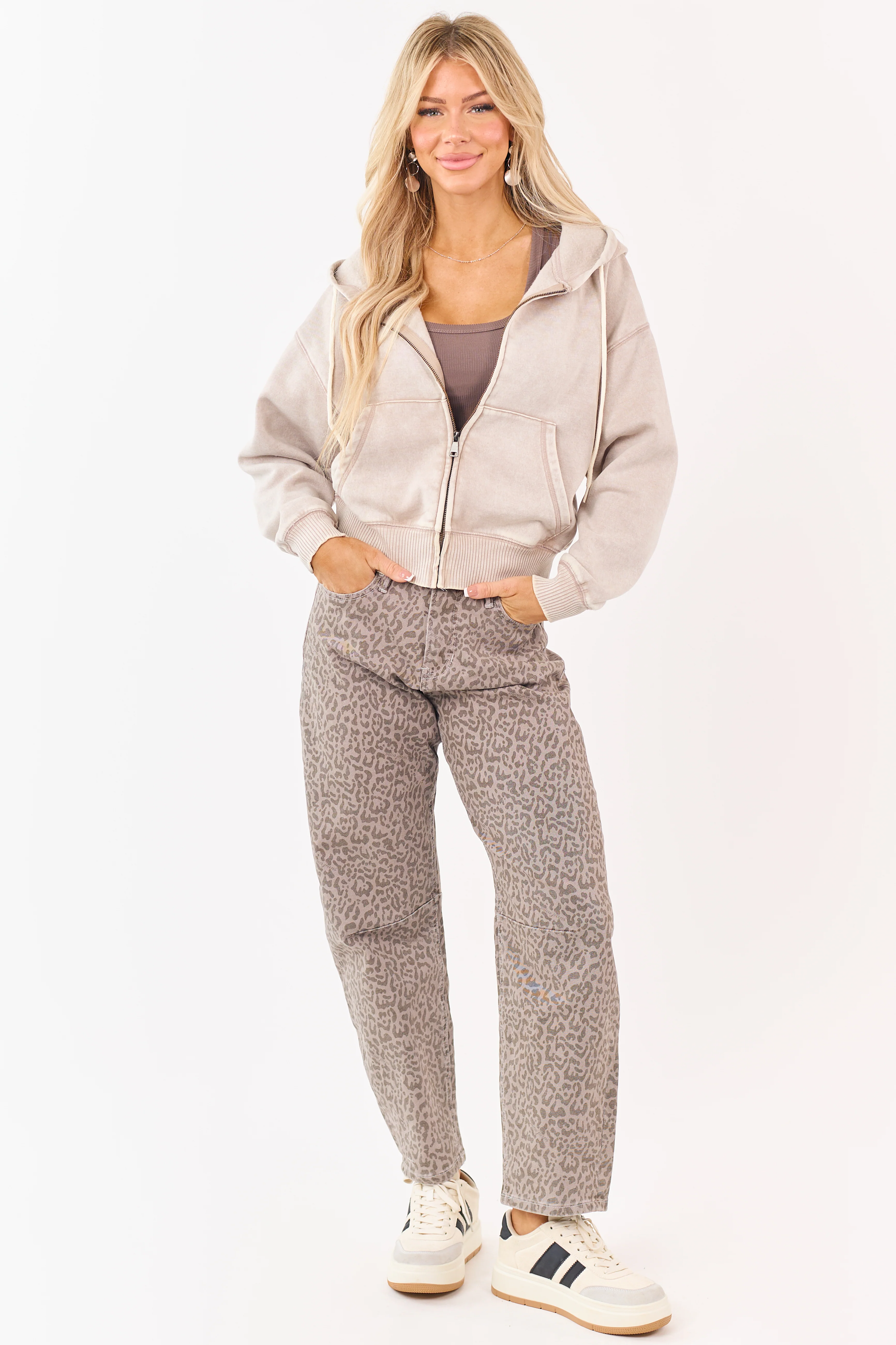 Oatmeal Acid Wash Fleece Lined Zip Up Hoodie - Image 2