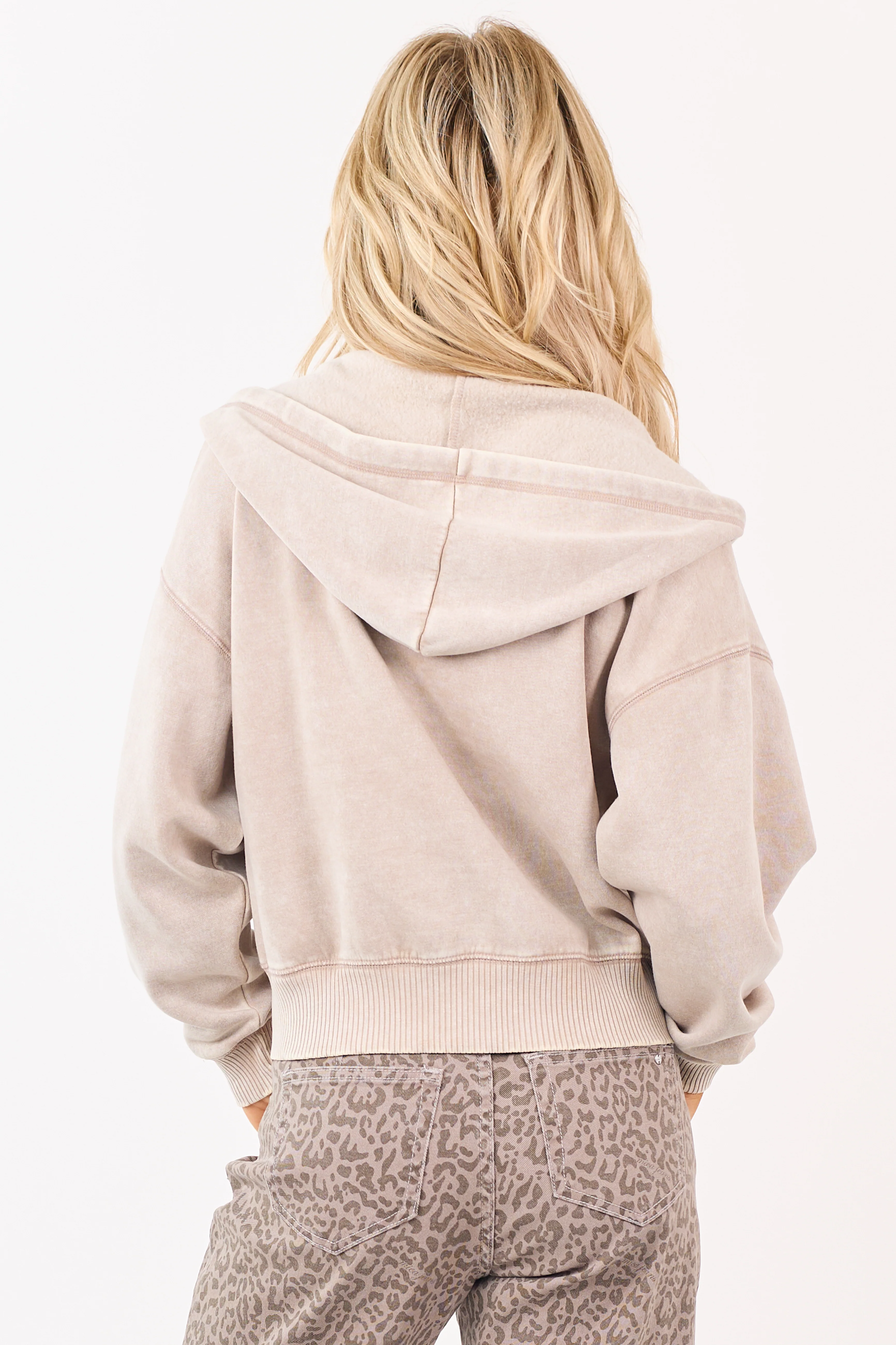 Oatmeal Acid Wash Fleece Lined Zip Up Hoodie - Image 5