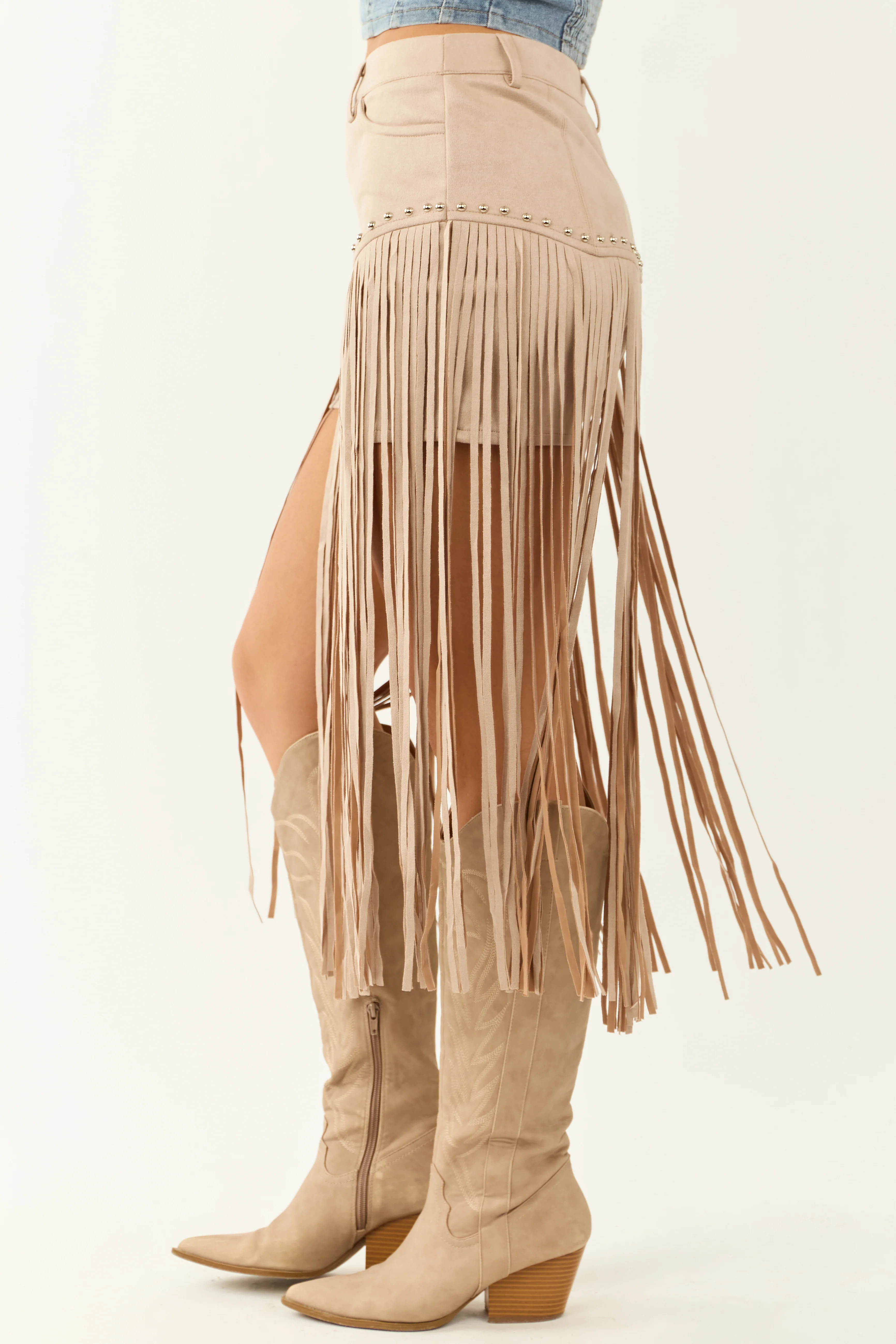 Oatmeal Faux Suede Fringe High Rise Studded Shorts - Image 3