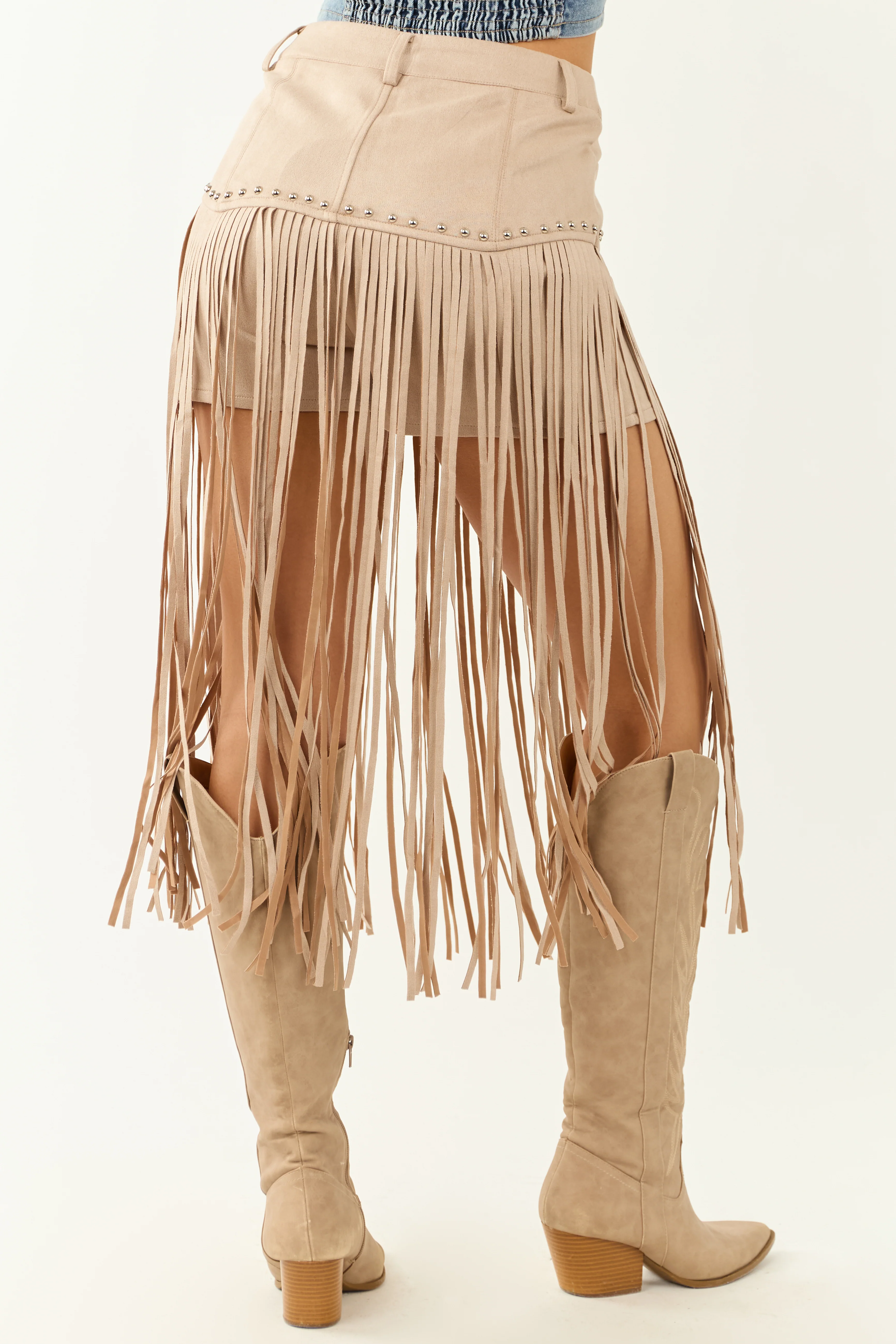 Oatmeal Faux Suede Fringe High Rise Studded Shorts - Image 4