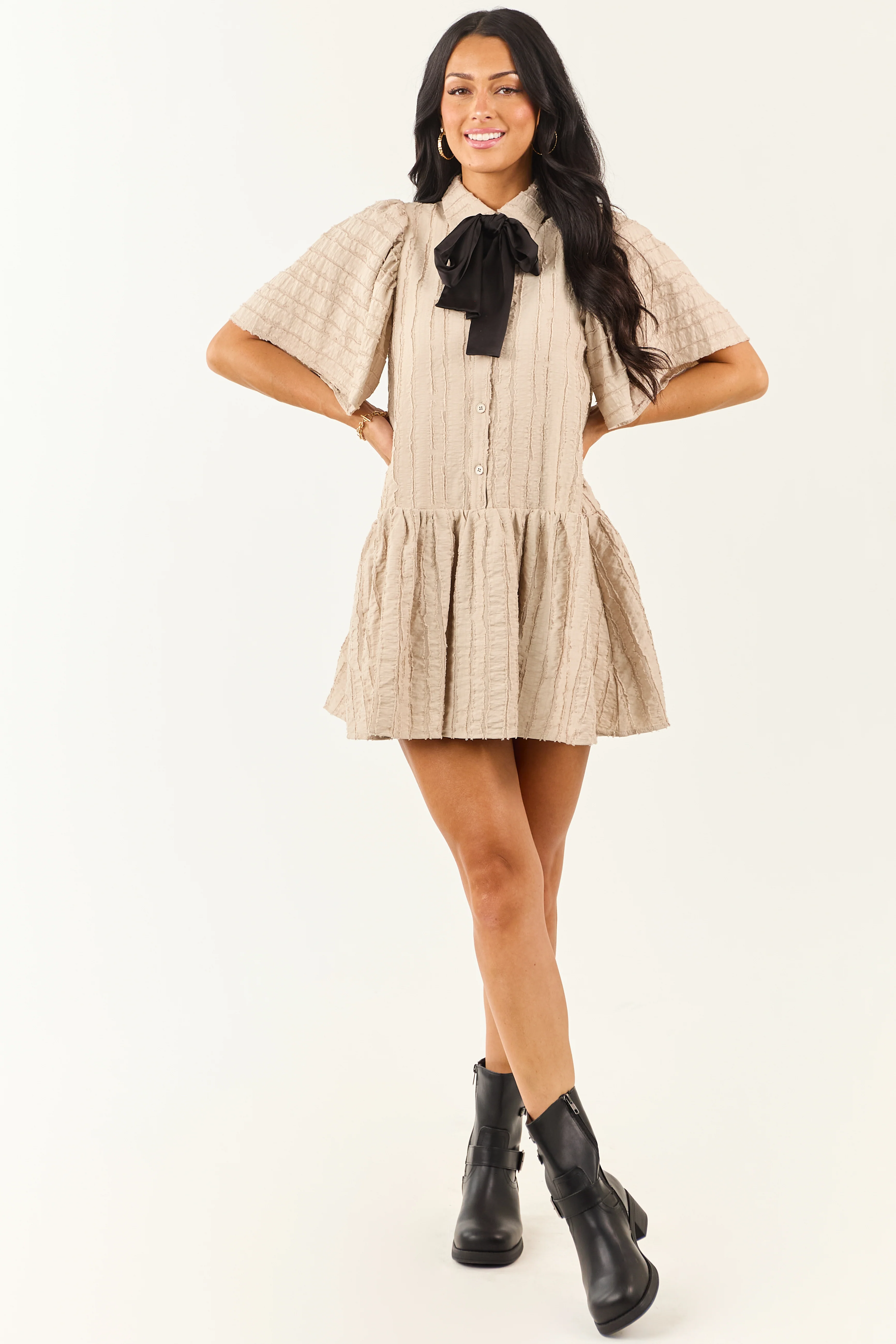 Oatmeal Frayed Textured Button Down Mini Dress - Image 2