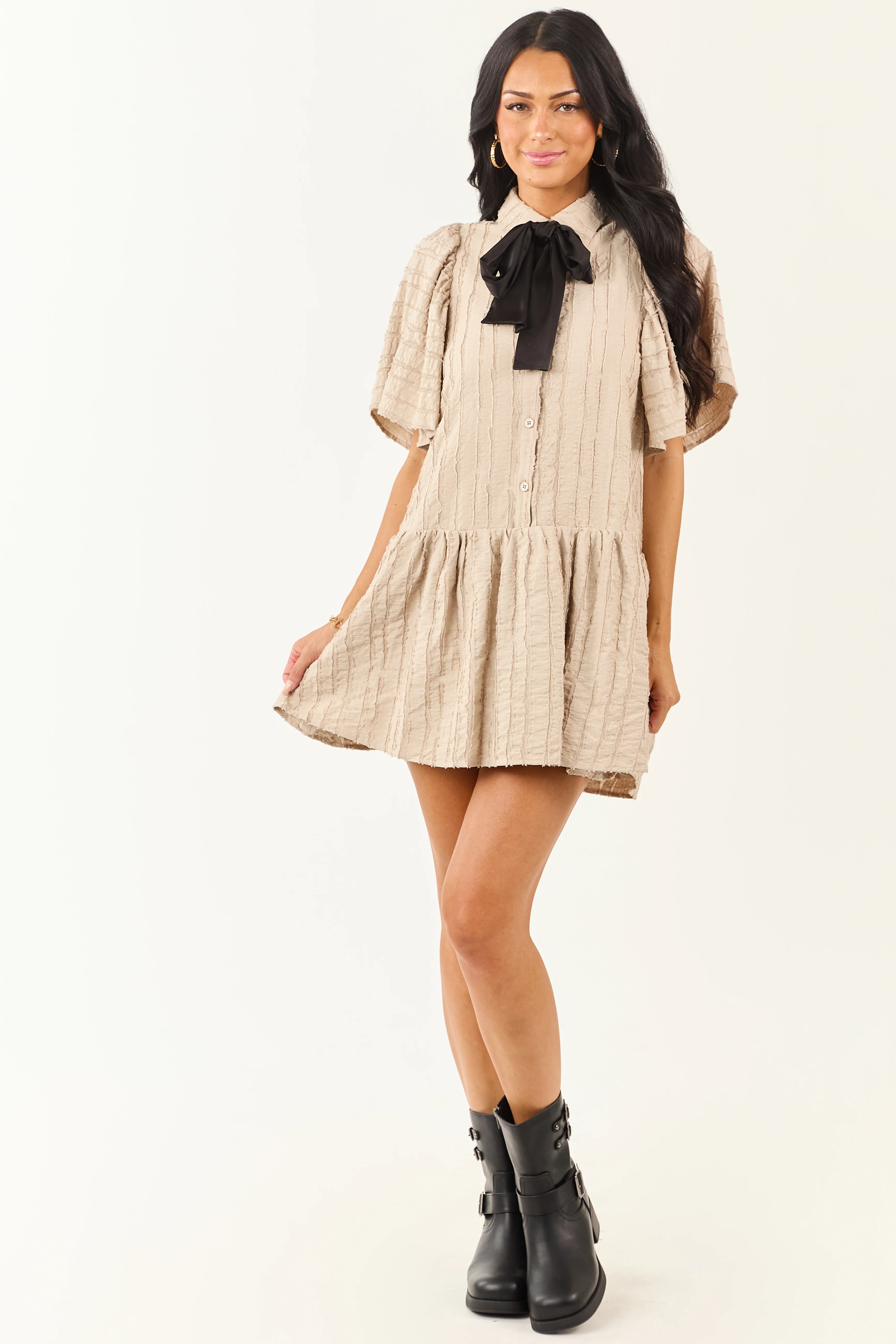 Oatmeal Frayed Textured Button Down Mini Dress - Image 3