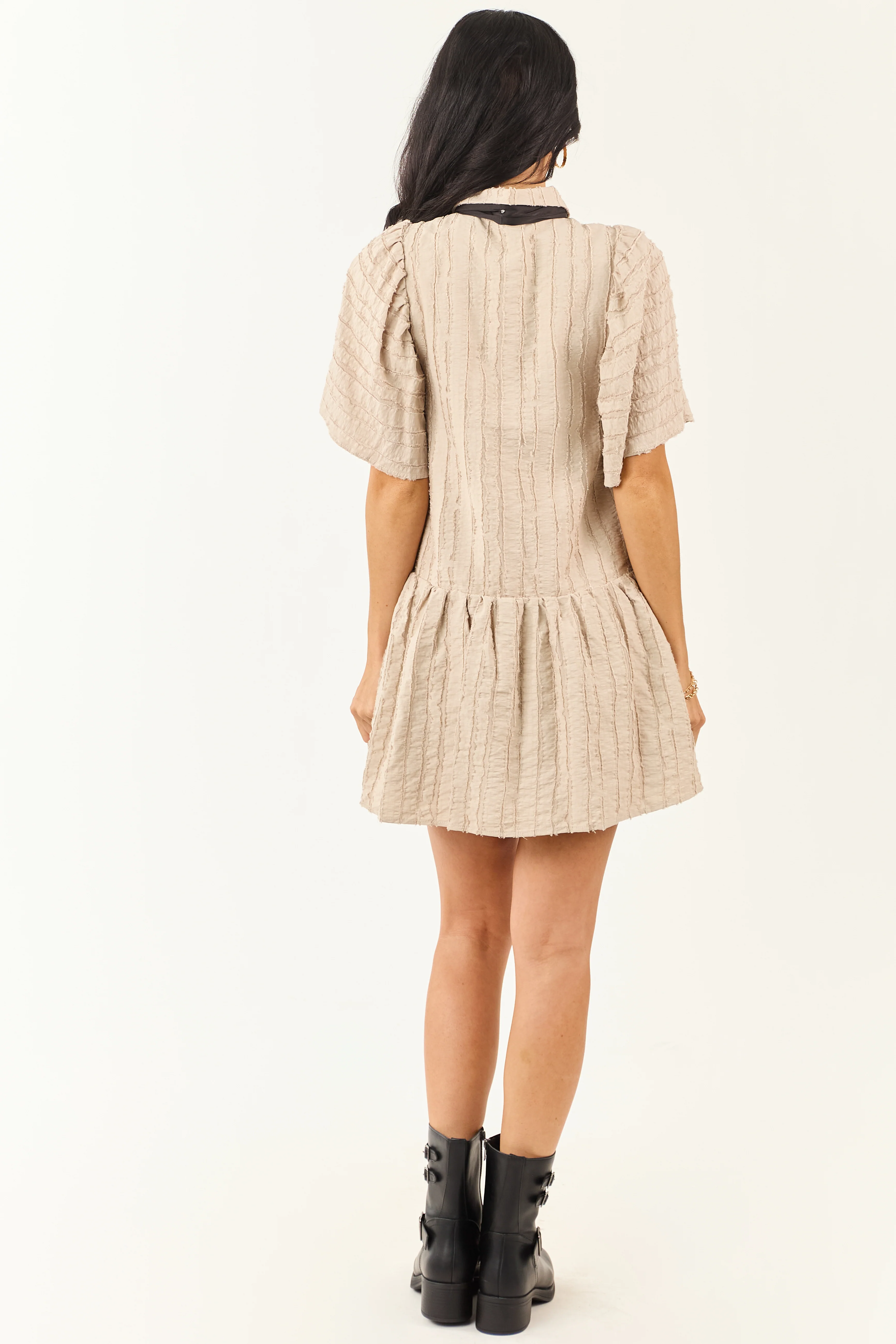 Oatmeal Frayed Textured Button Down Mini Dress - Image 5