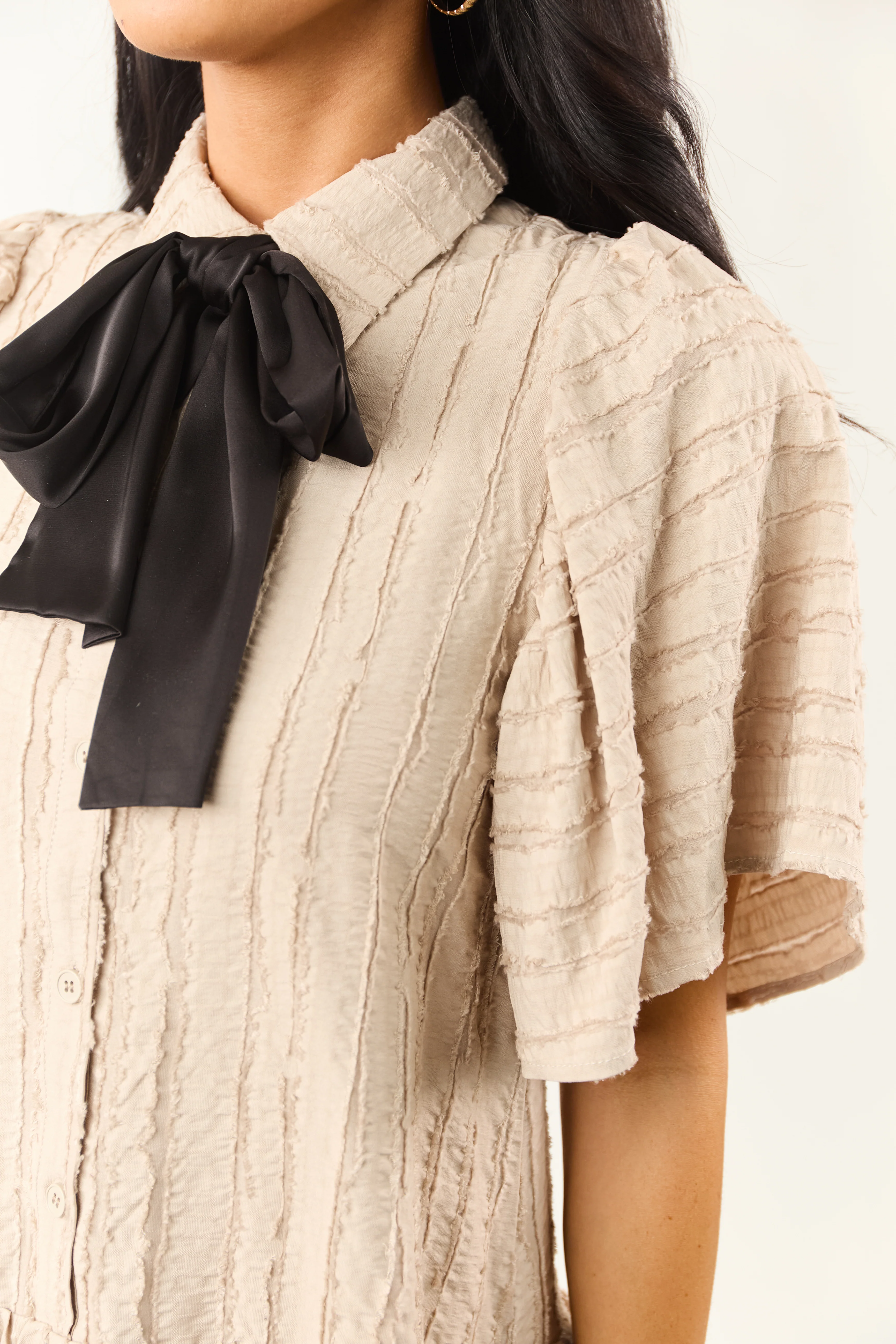 Oatmeal Frayed Textured Button Down Mini Dress - Image 6