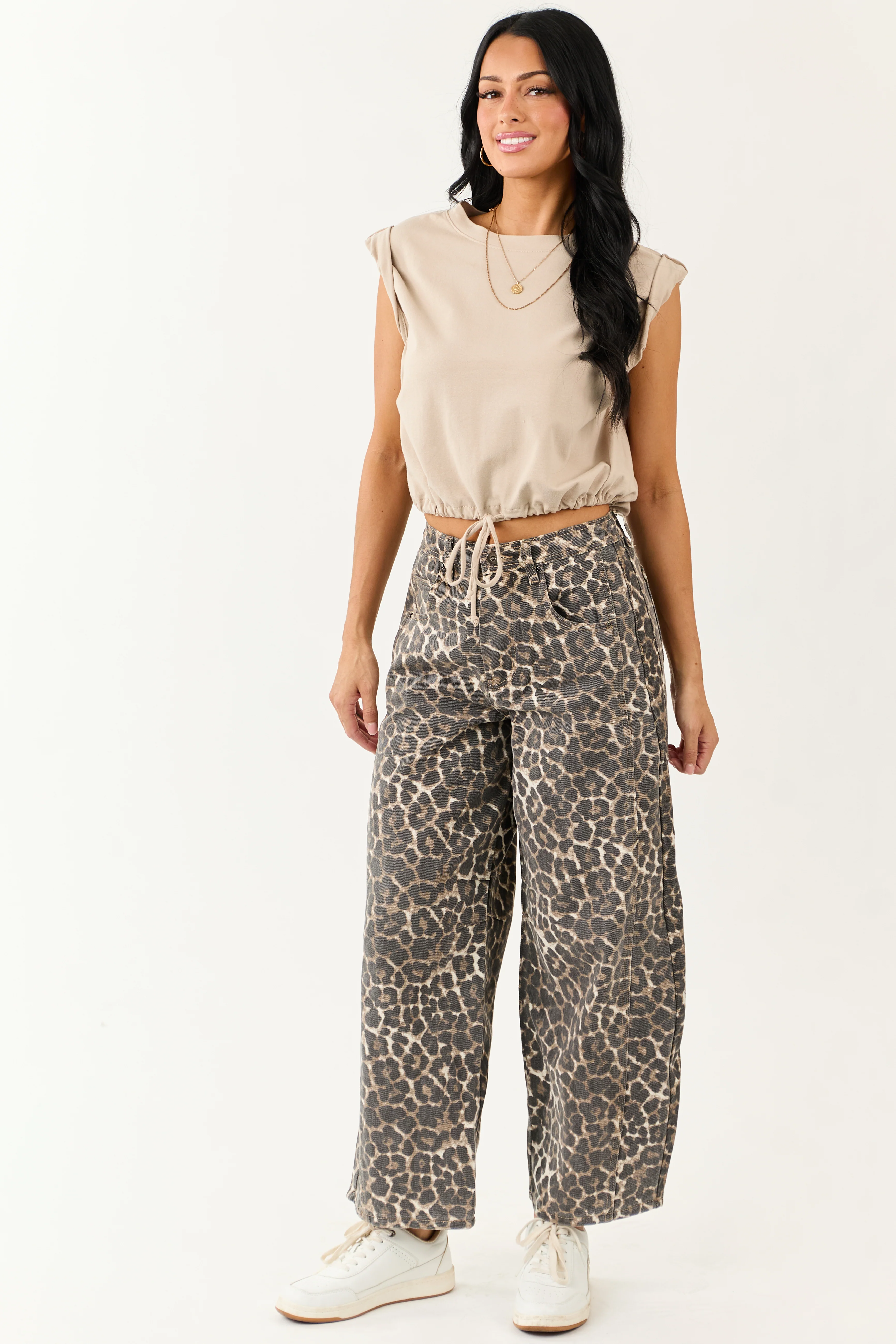 Oatmeal Rolled Sleeve Drawstring Hem Top - Image 2